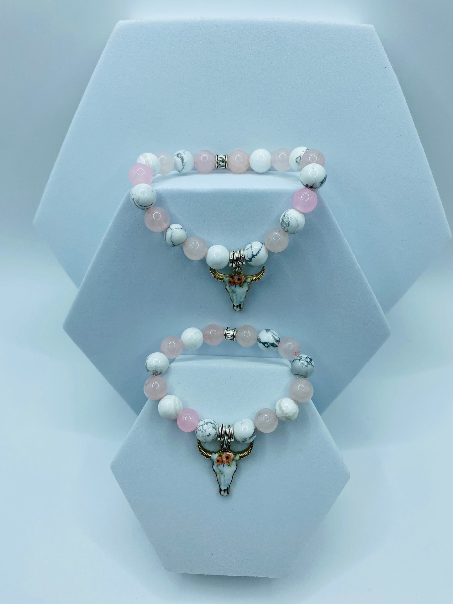Mommy and Me Cow Charm Bracelet: Rose Quartz & Howlite Gemstone Beads