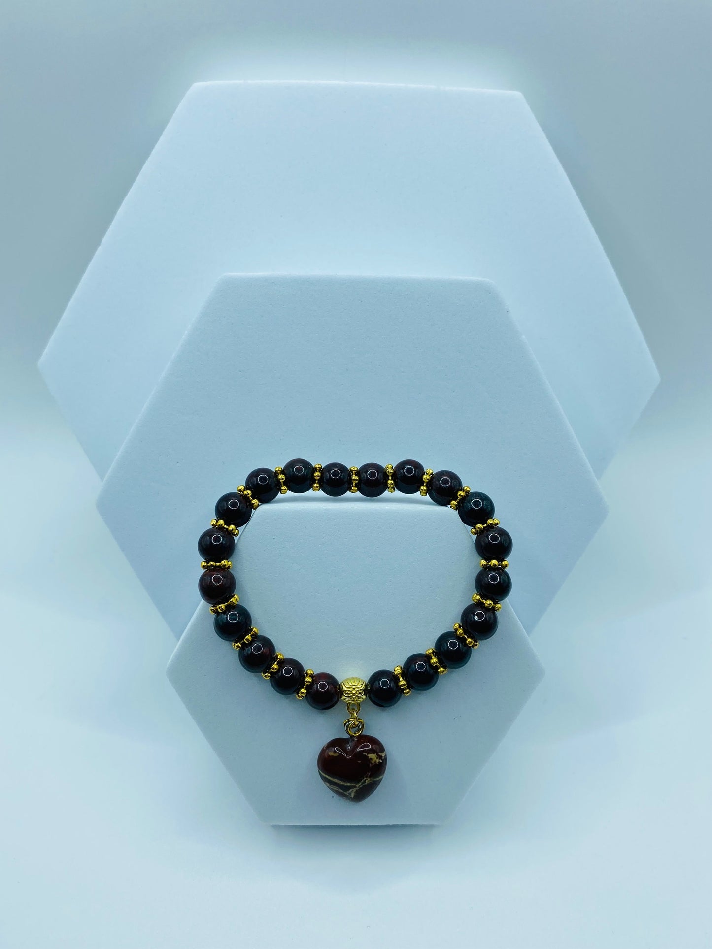 Poppy Jasper Heart Pendant Bracelet: Gold Accents, Gemstone Beads