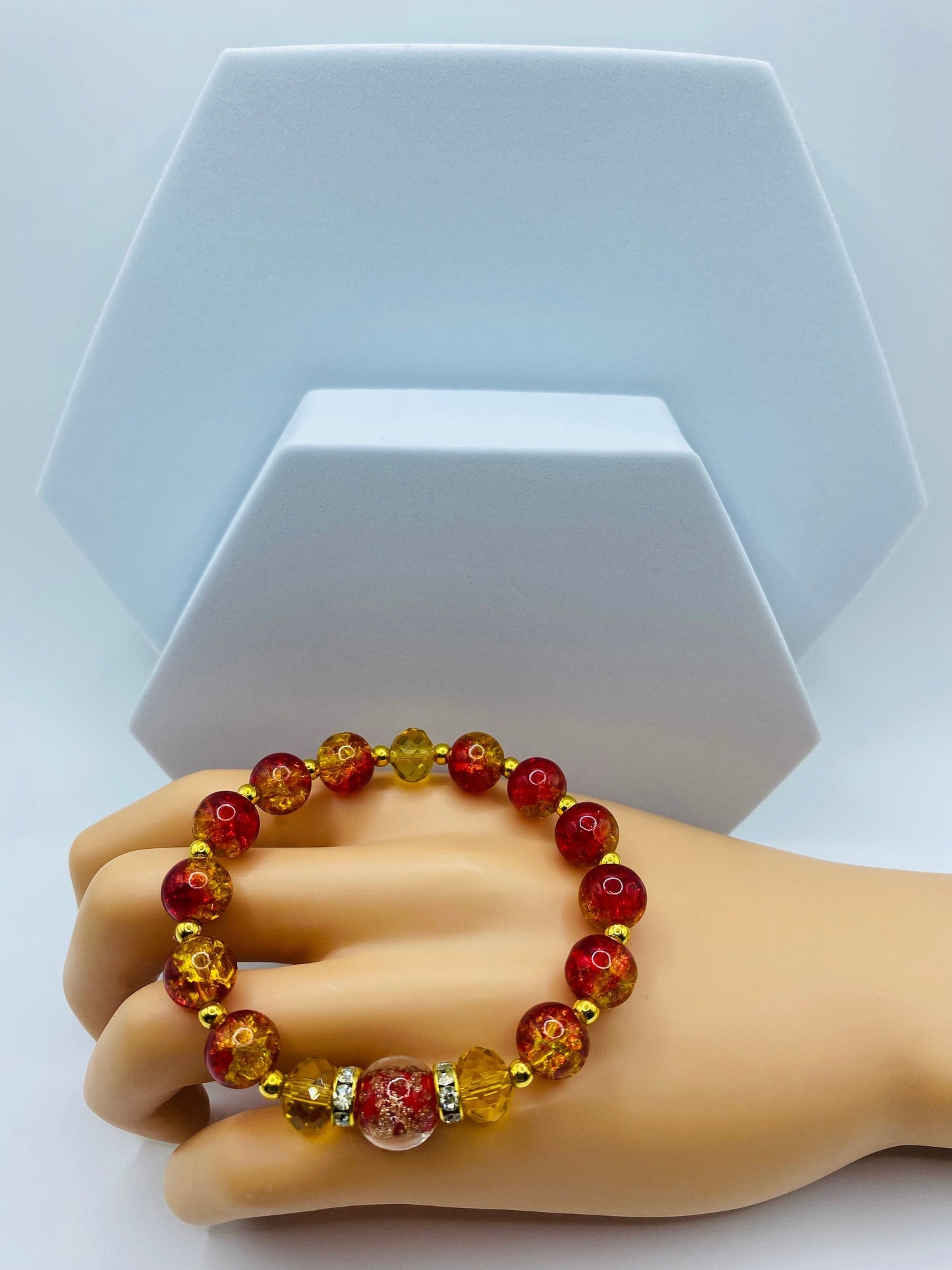Red Lampwork Crystal Bracelet: Gold Hematite Bead Accents