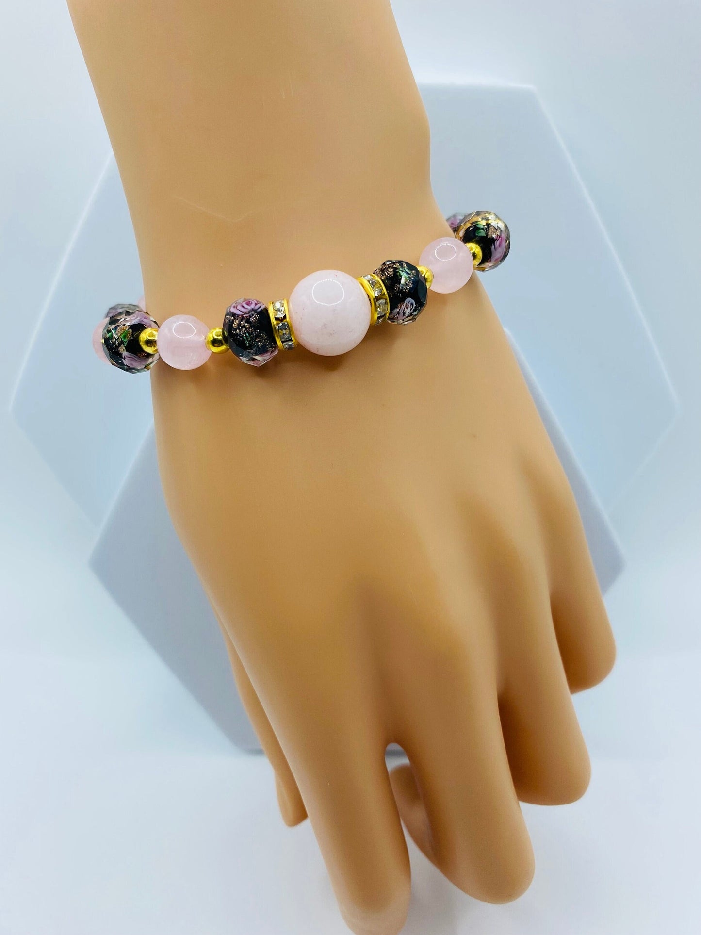 Rose Quartz Bracelet: Lampwork Flower Glass & Gold-Plated Hematite Beads