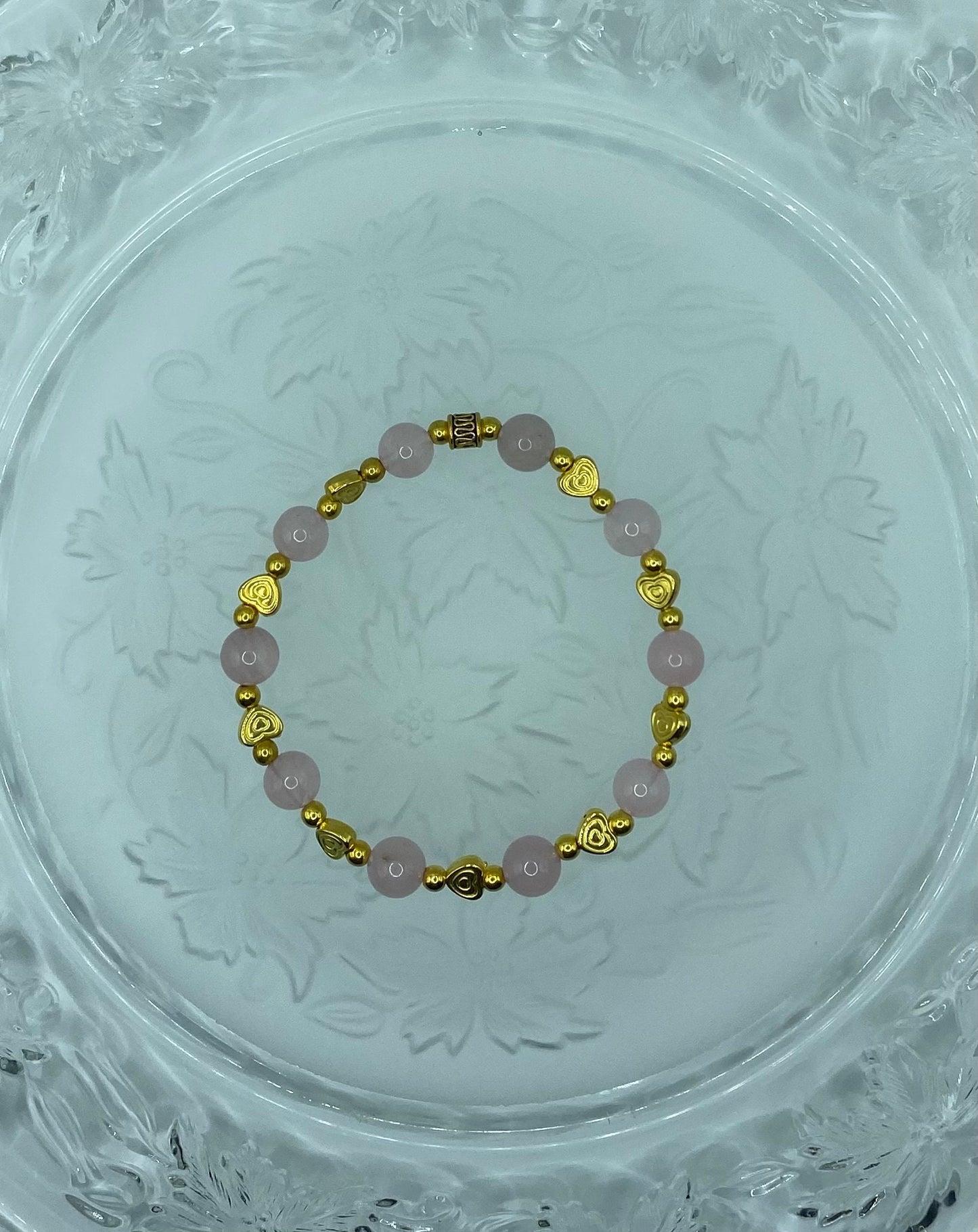 Rose Quartz Bracelet: 18k Gold Heart Charms, Gold Hematite Beads