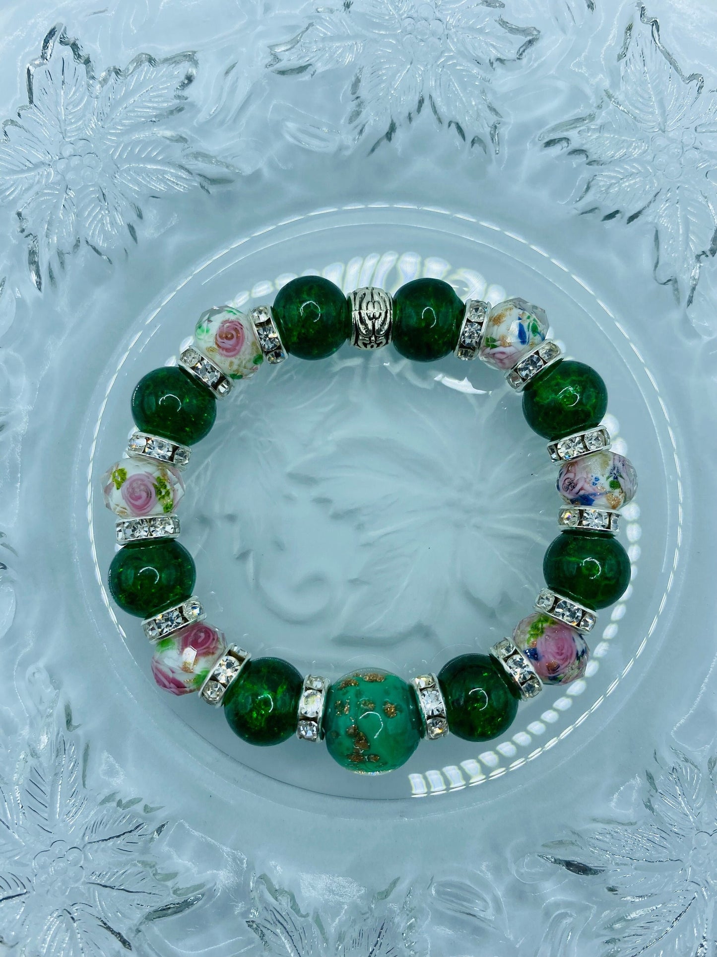 Lampwork Flower Bead Bracelet: Green Crystal, Rhinestone Accent