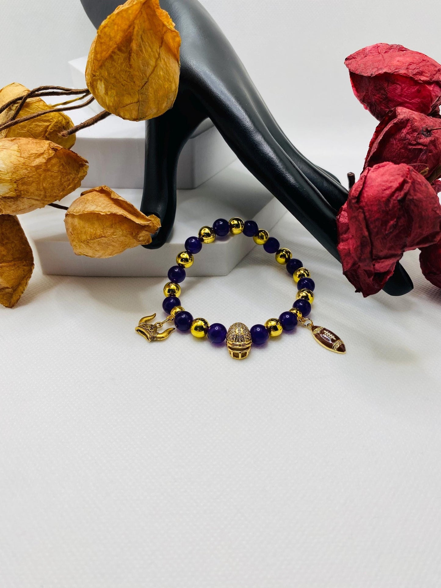 Minnesota Vikings Charm Bracelet: Purple Amethyst & Gold Football Helmet
