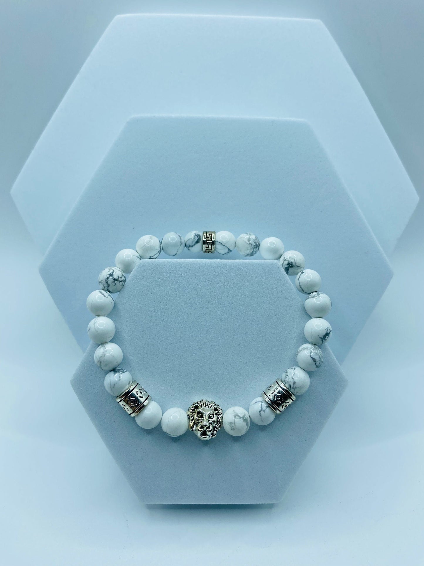 Mens Howlite Bracelet: Lion Charm, Tibetan Silver Spacers