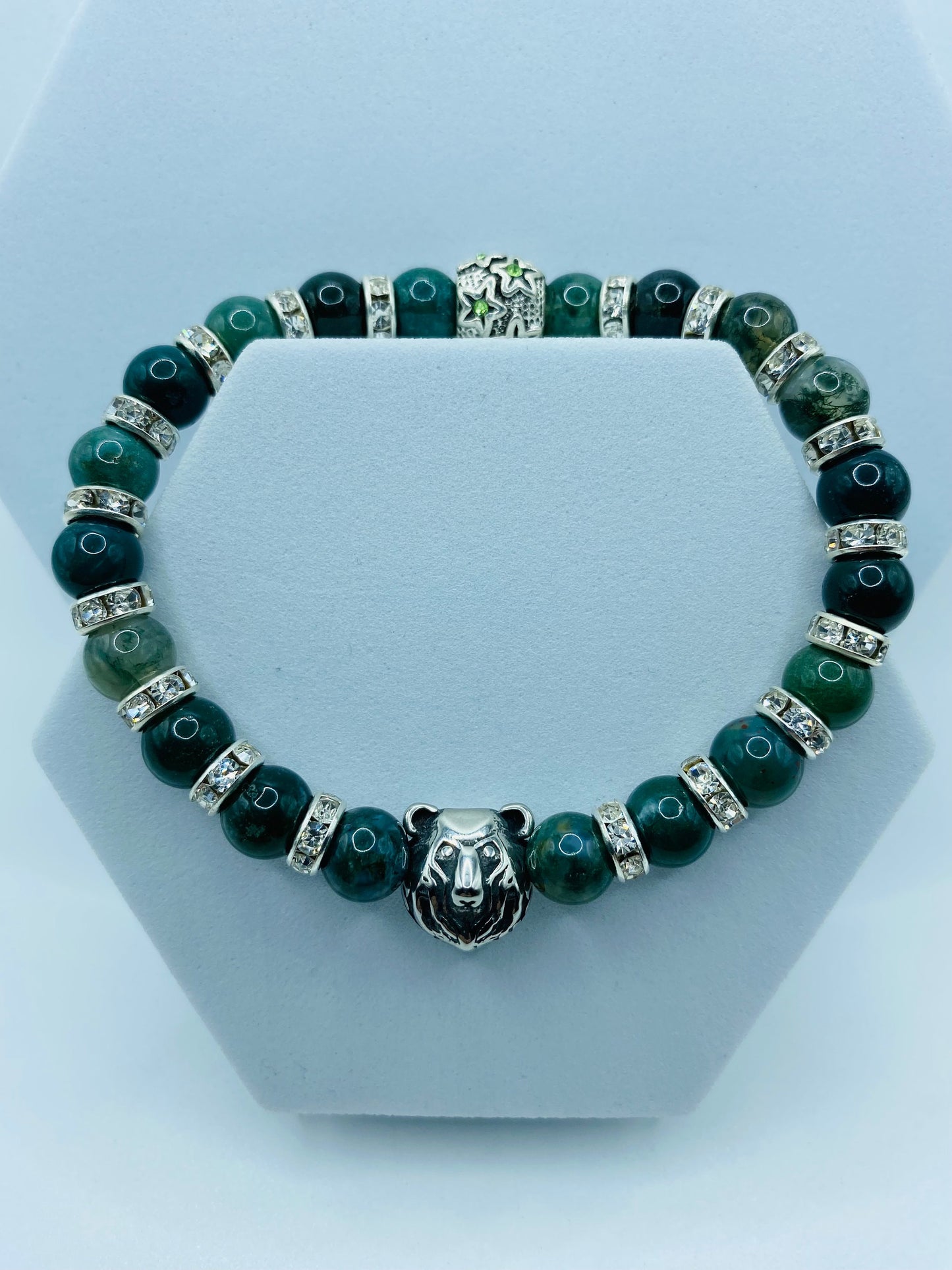 Mens Moss Agate Beaded Bracelet with Stainless Steel Bear Charm