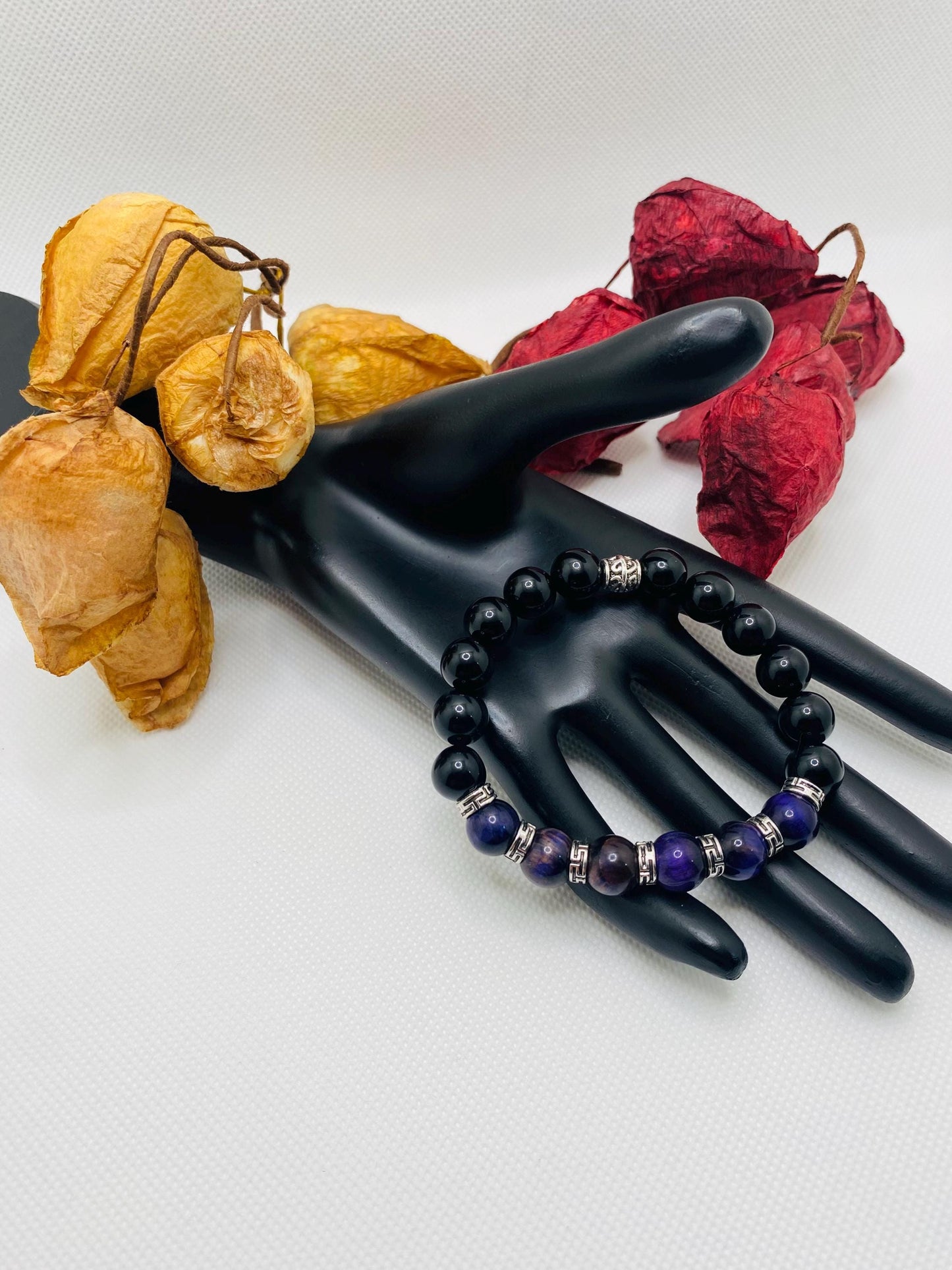 Tigers Eye & Black Onyx Bracelet: Tibetan Gemstone Jewelry