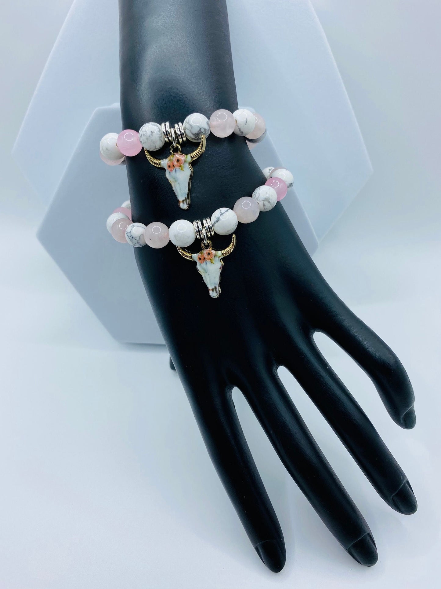 Mommy and Me Cow Charm Bracelet: Rose Quartz & Howlite Gemstone Beads