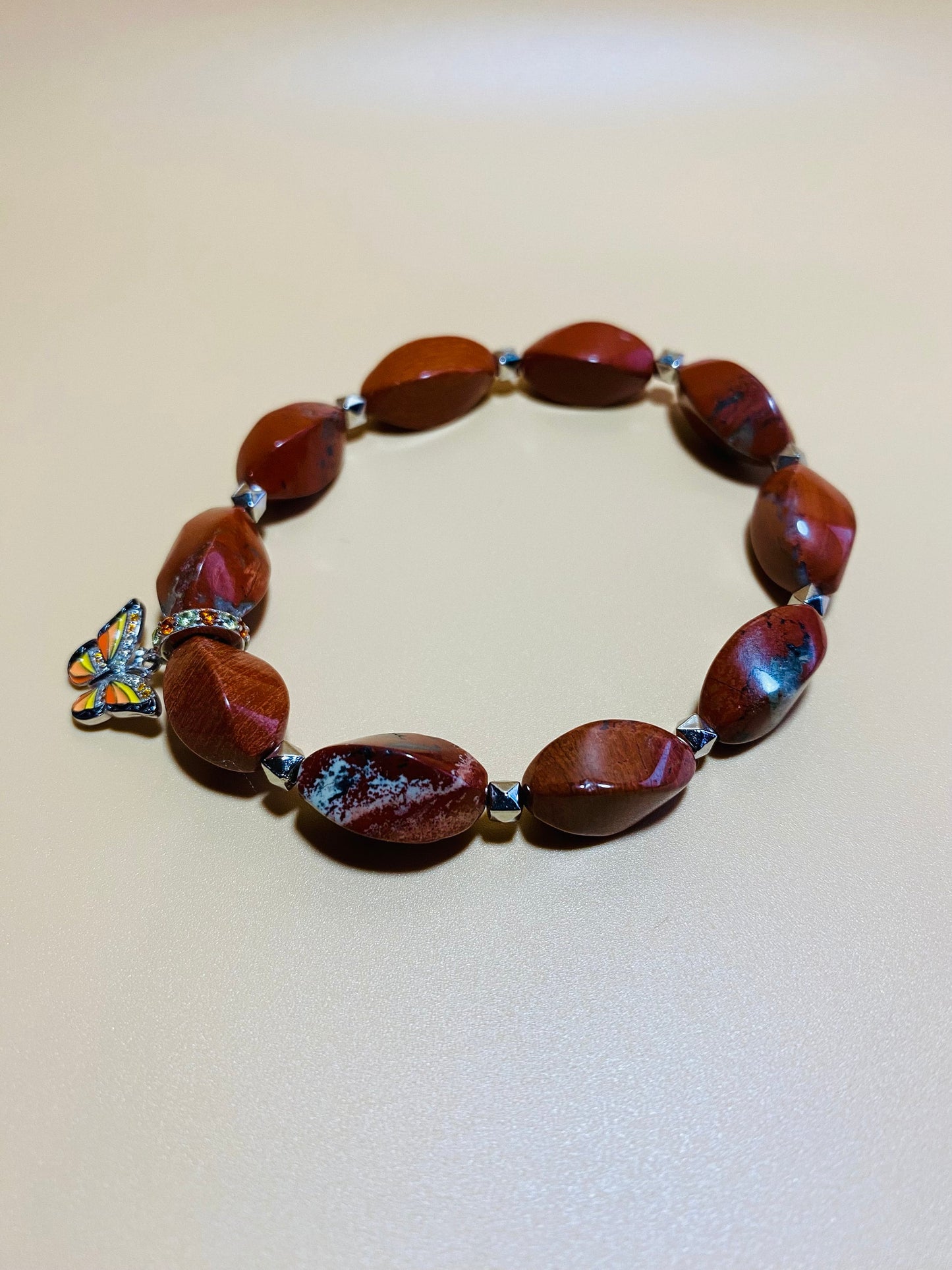 Handmade Red Jasper Bracelet: Butterfly Charm, Gemstone Jewelry
