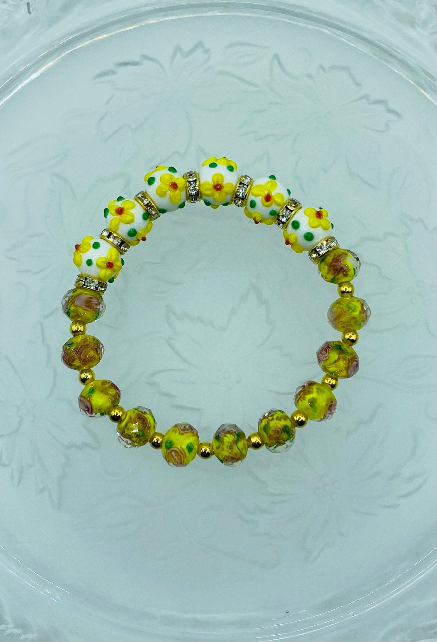 Yellow Flower Lampwork Glass Bead Bracelet: Rhinestone Rondelles