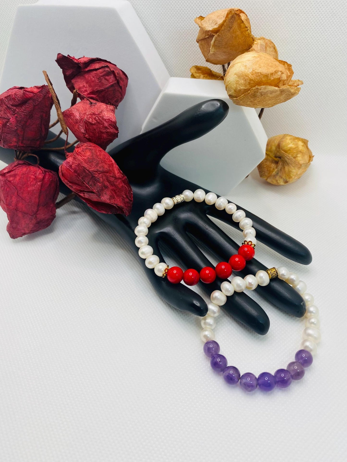 Amethyst, Coral & Pearl Bracelet Set: Handmade Gemstone Jewelry