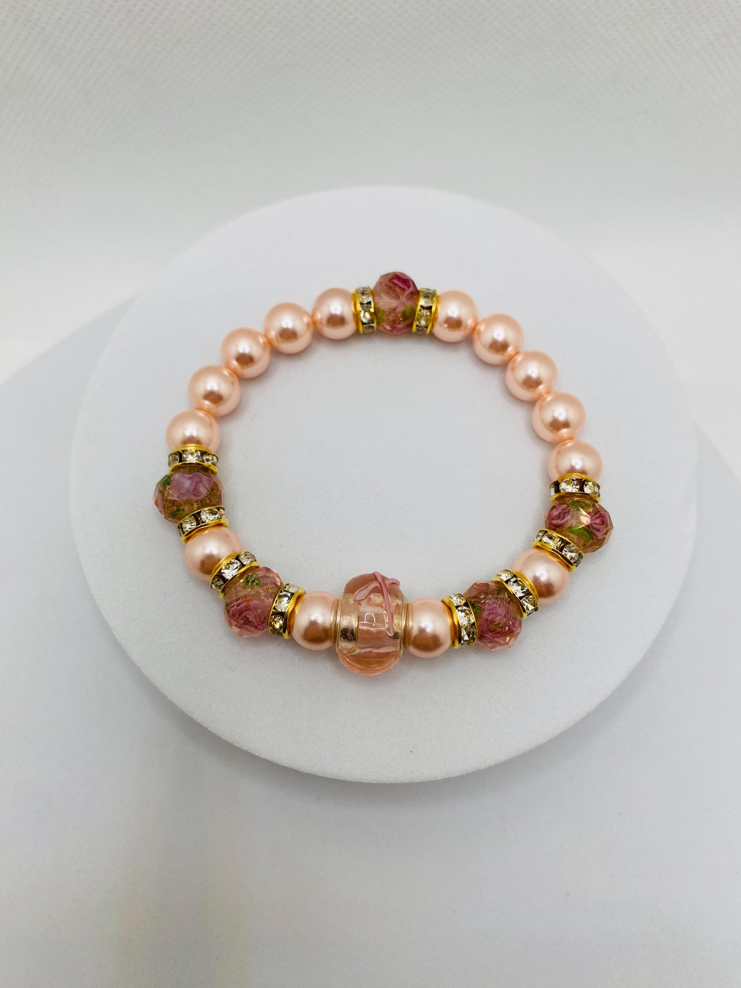 Pink Lampwork Glass & Mother of Pearl Bracelet: Rhinestone Rondelles
