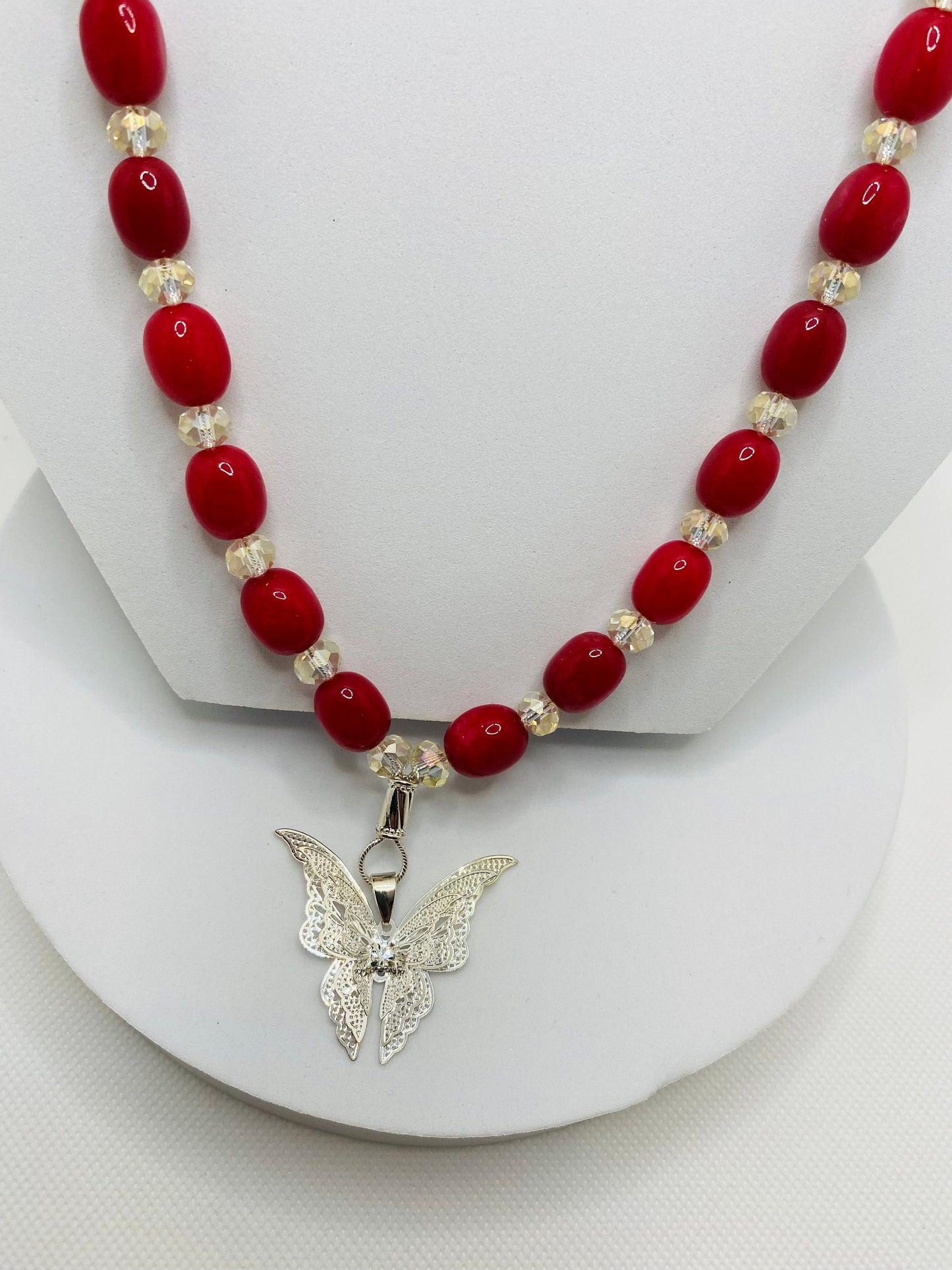 Red Jade Necklace: Silver Butterfly Pendant & Crystal Beads