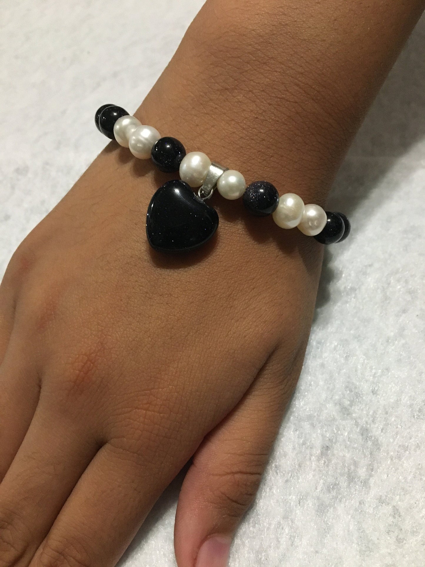 Pearl Bracelet: Blue Sandstone Heart Pendant, Handmade Jewelry