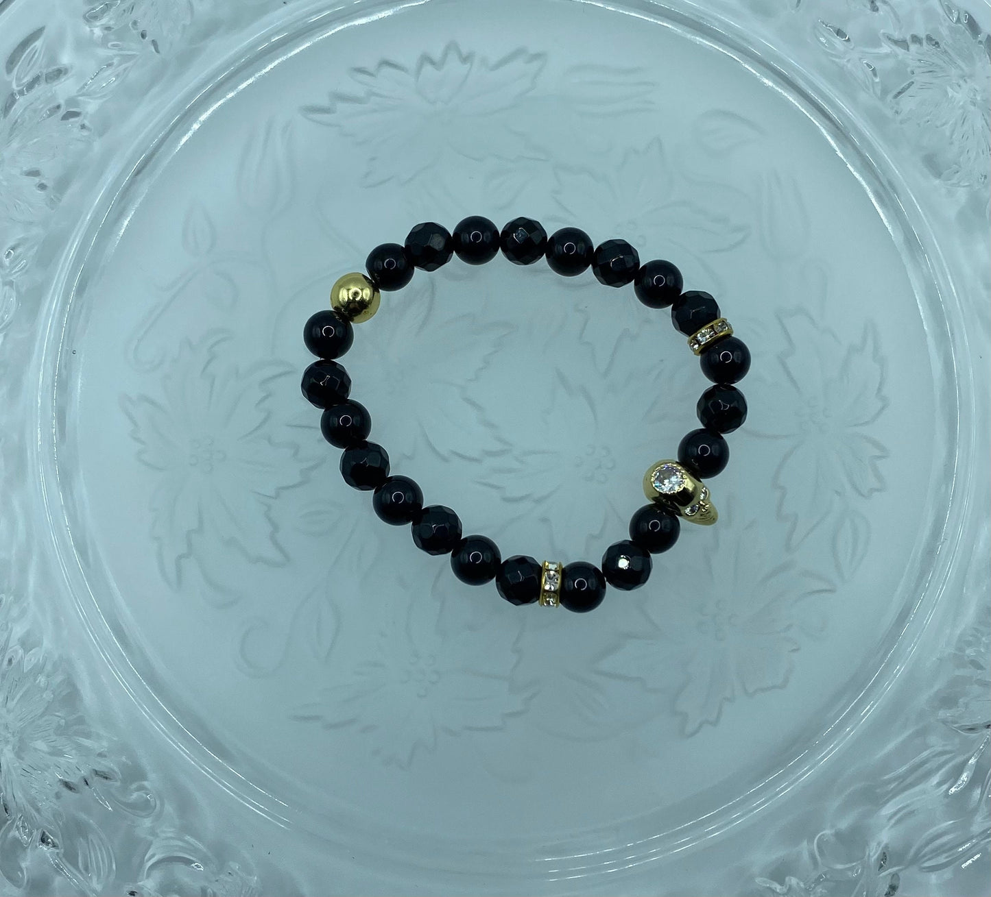 Black Onyx Bracelet: Golden CZ Skull Bead, Goth Jewelry