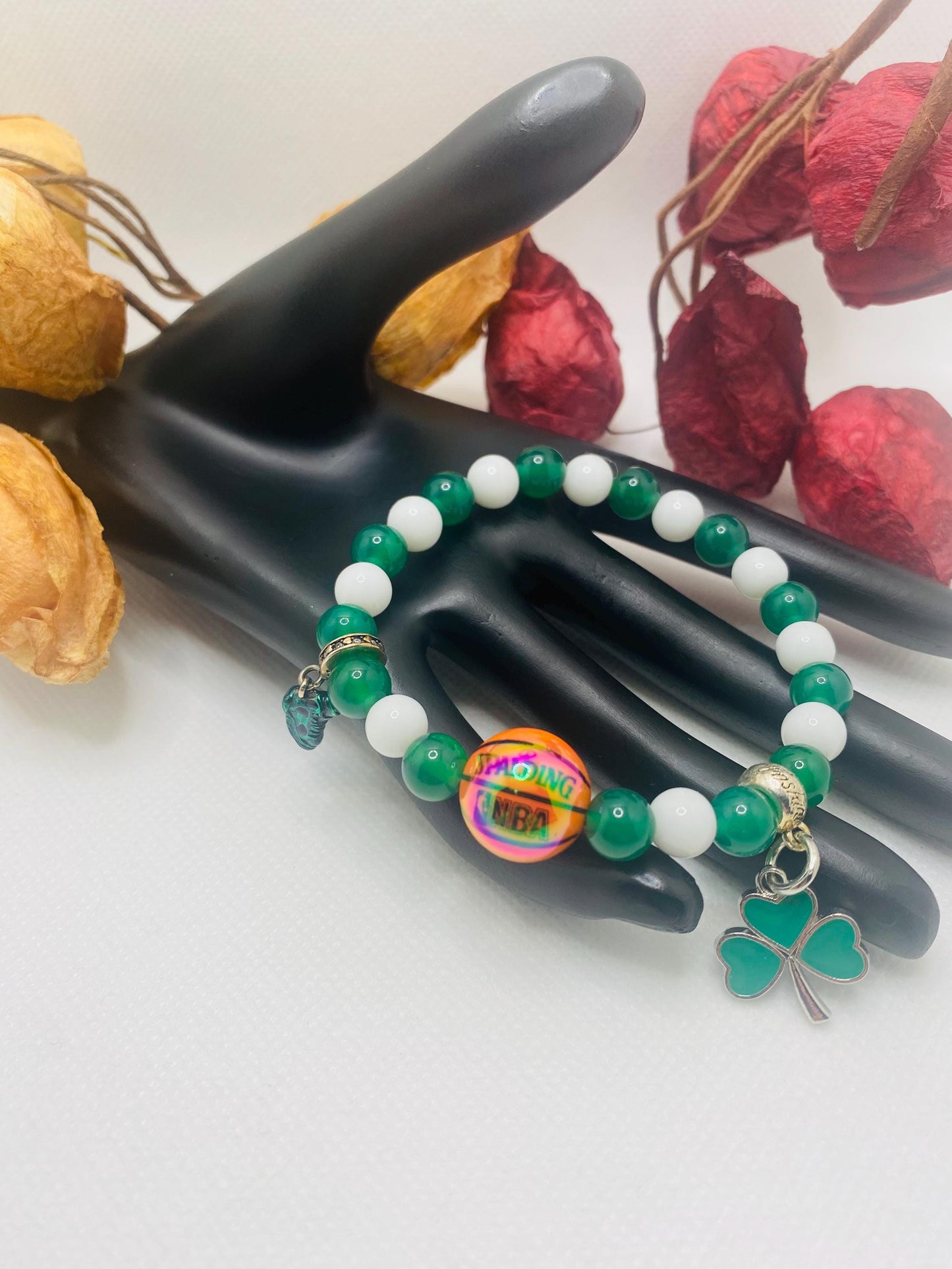 Boston Celtics Jade Beaded Bracelet with Basketball Bead & Clover Charm