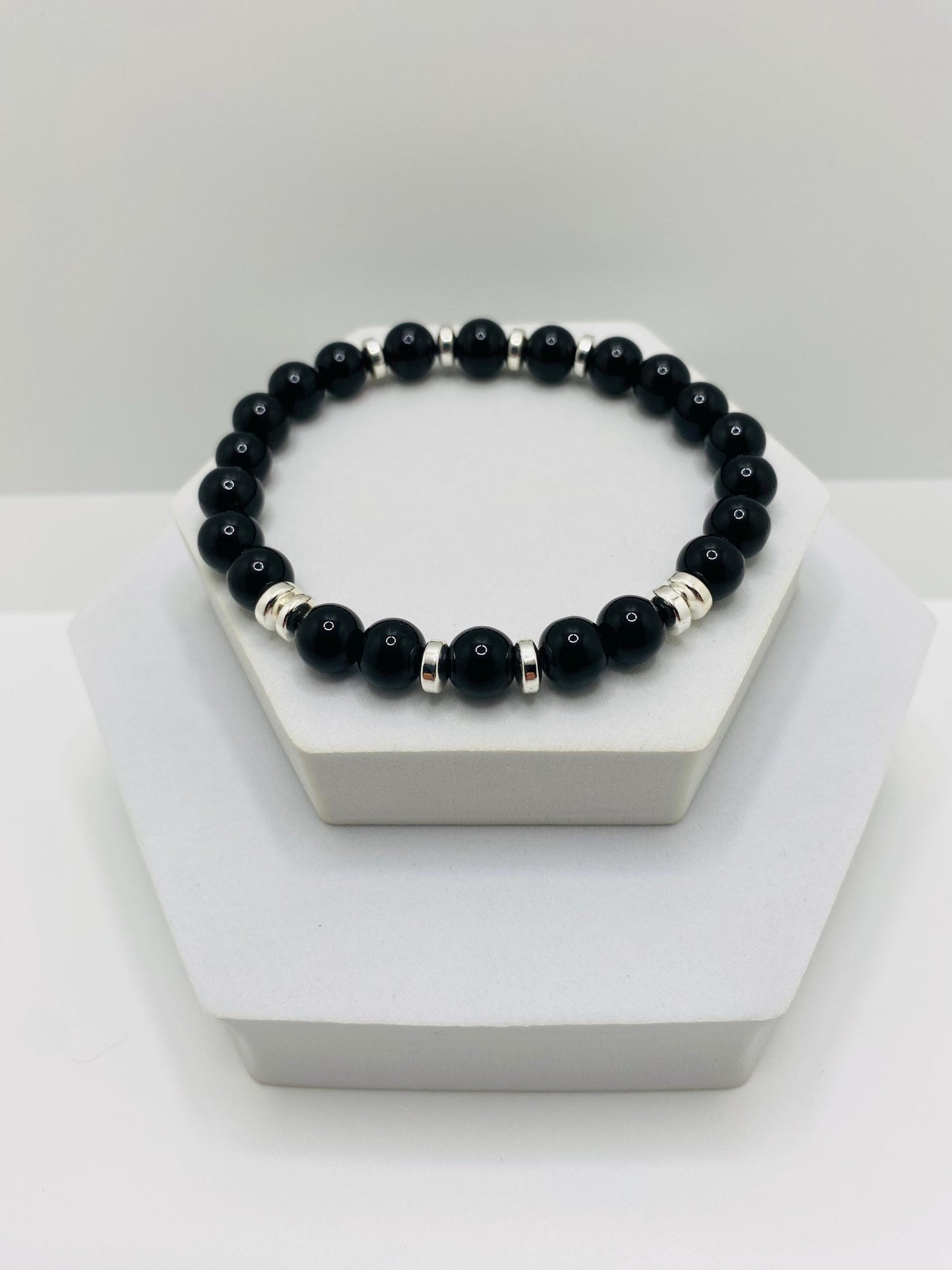 Black Onyx Beaded Bracelet for Men: Silver Plated Accents