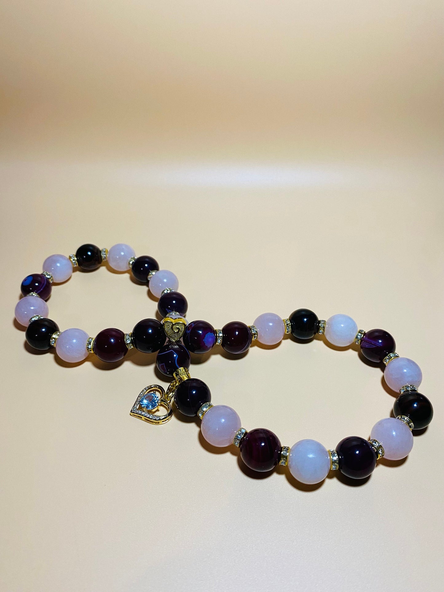 Handmade Rose Quartz Agate Beaded Necklace with Gold Heart Charm