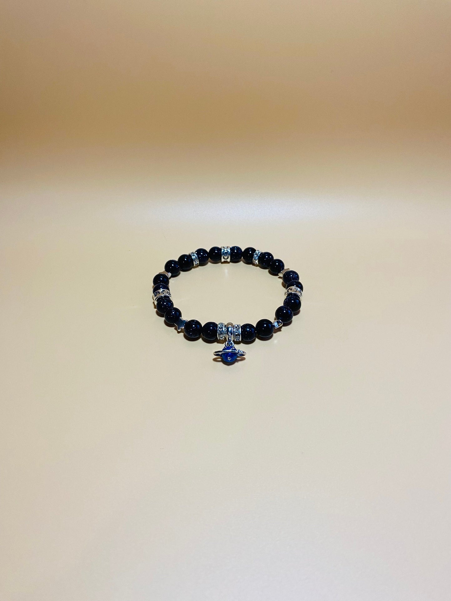 Charm Bracelet, White Gold Bracelet with Saturn Celestial Jewelry, Blue Sandstone Gemstone Beads