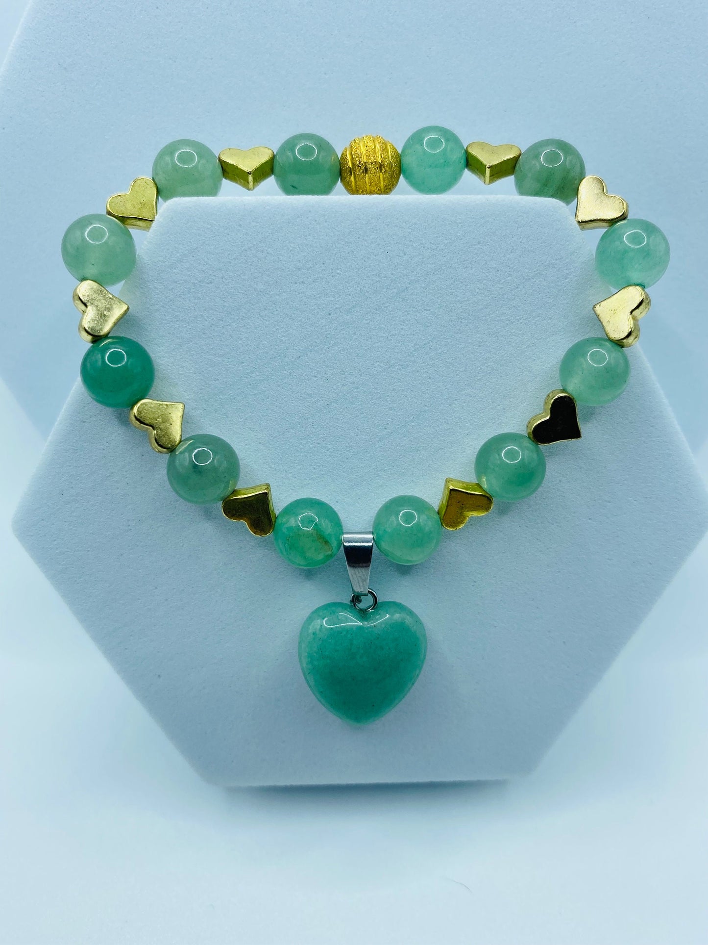Handmade Green Aventurine Heart Bracelet: 18K Gold Plated Charms