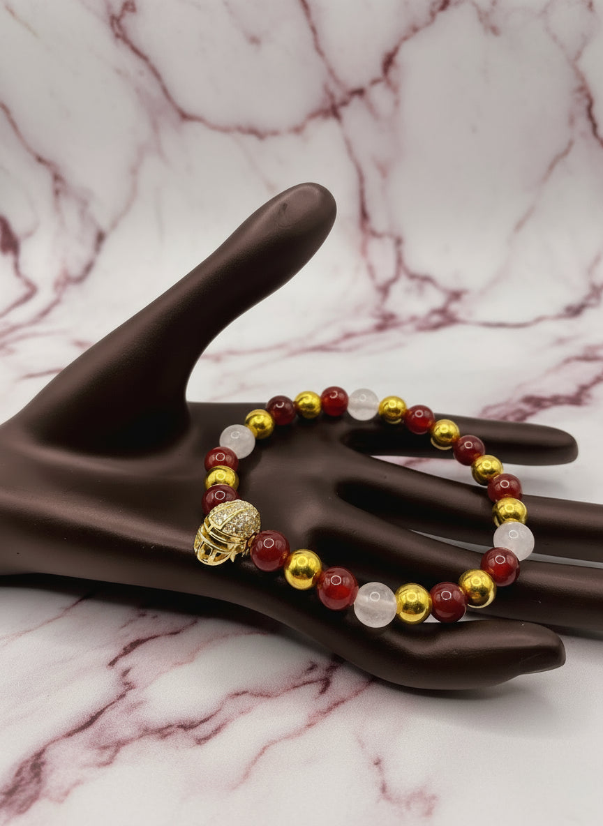 49ers Gemstone Bracelet: CZ Football Helmet, Jade & Carnelian Beads