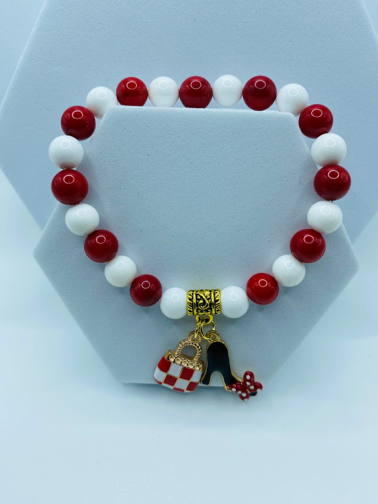 Charm Bracelets with Purse Charm & Shoe Charms - Red Coral, White Porcelain Gemstone Beads - Gifts for Her