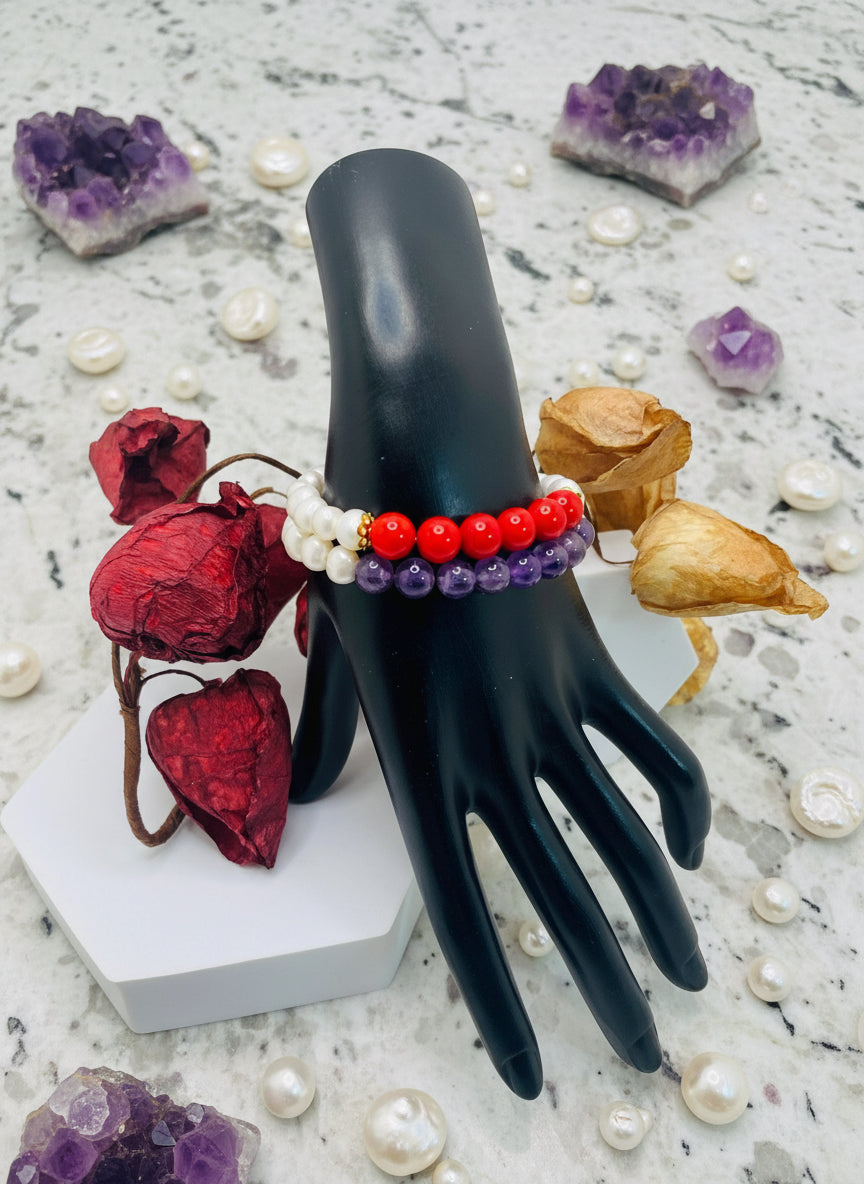 Amethyst, Coral & Pearl Bracelet Set: Handmade Gemstone Jewelry