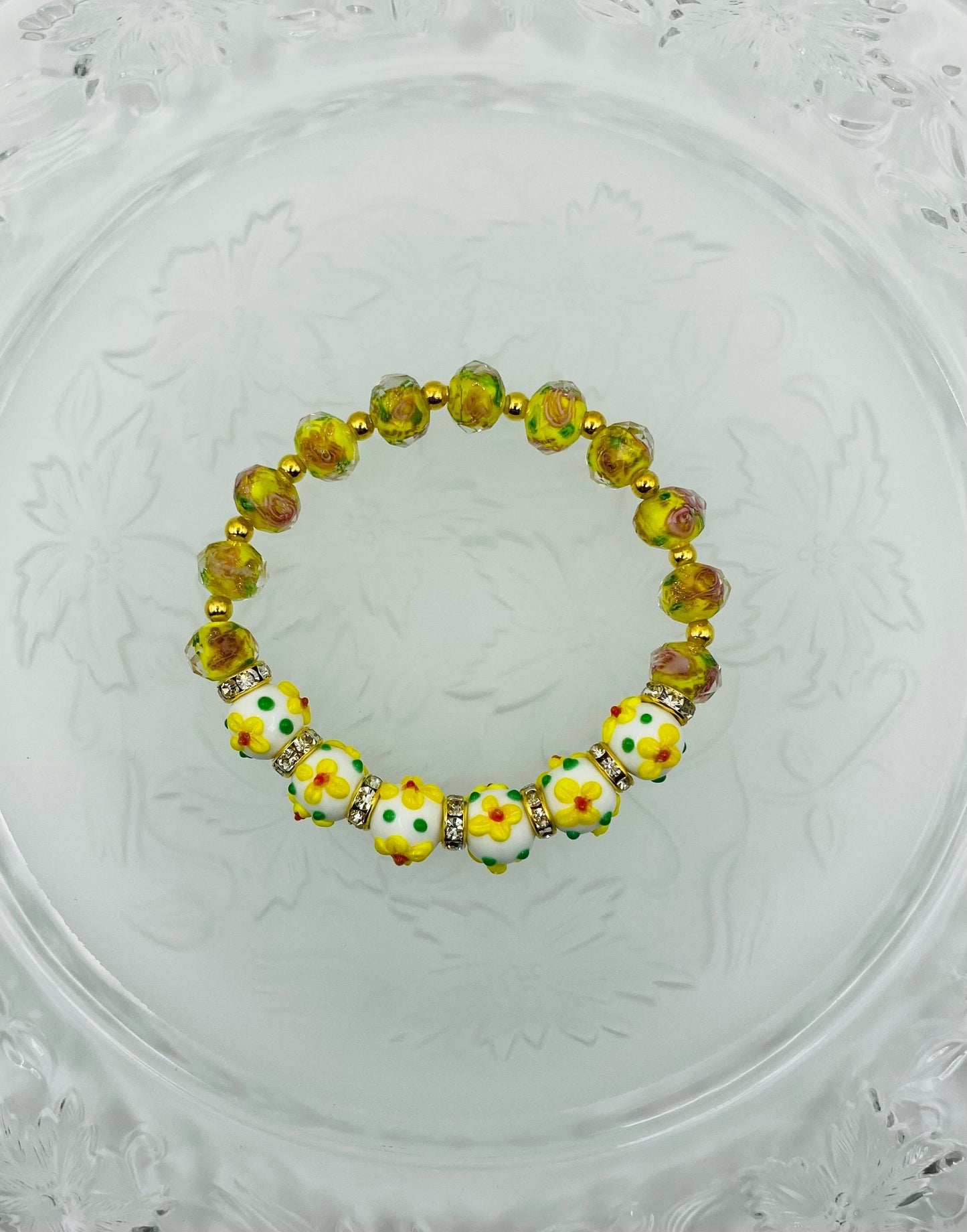 Yellow Flower Lampwork Glass Bead Bracelet: Rhinestone Rondelles