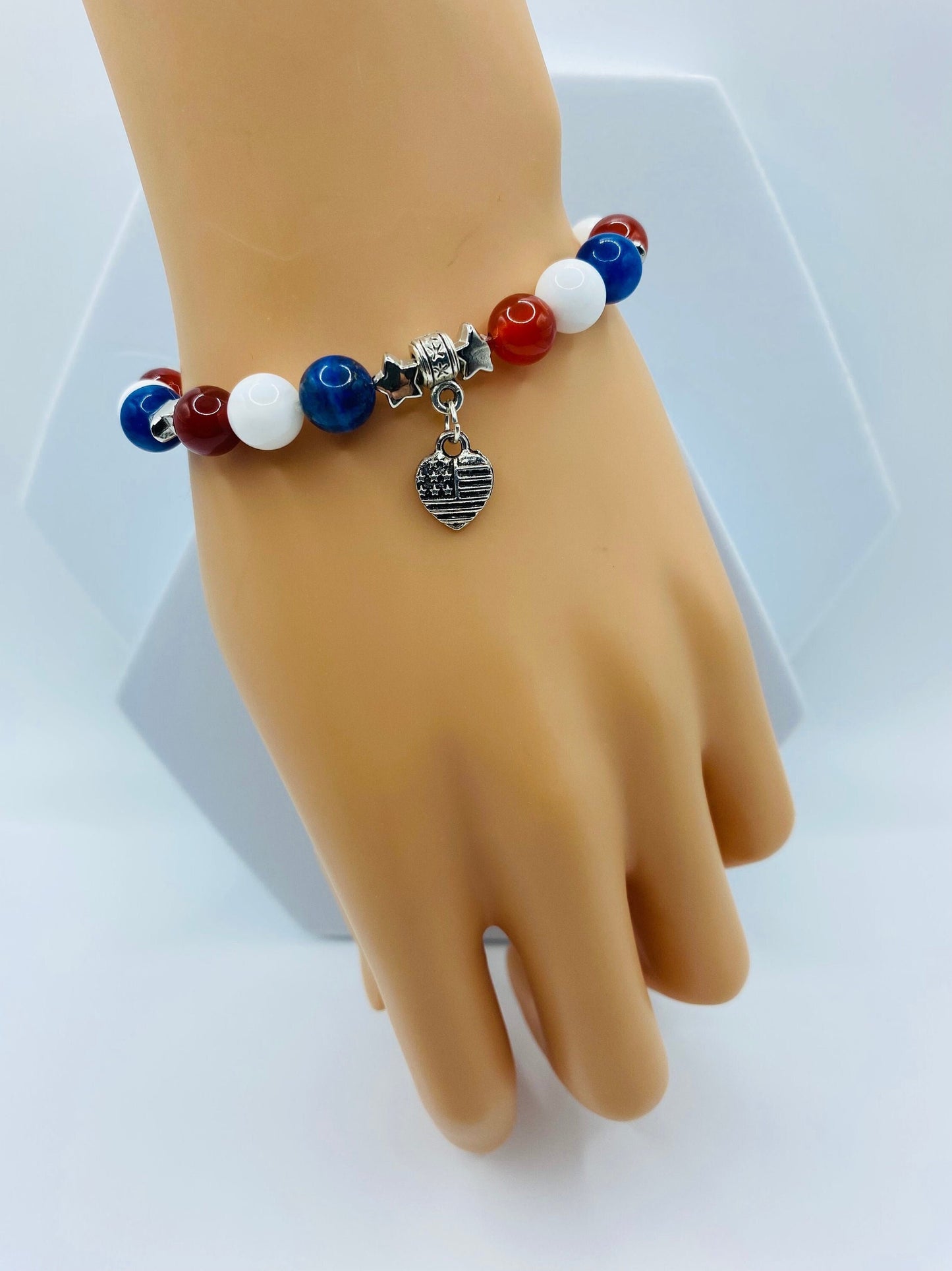 Handmade Jewelry Star Bracelet with Heart Shaped American Flag, Natural Gemstone Beads, Charm Bracelet