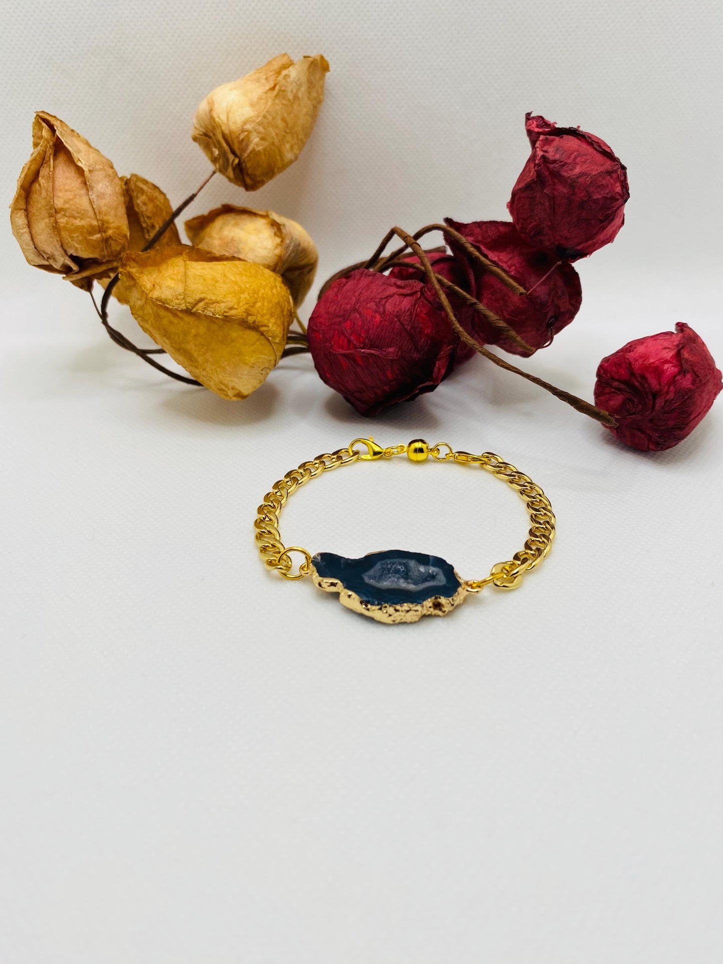 Gold Plated Cuban Link Bracelet: Agate Geode & Magnetic Clasp