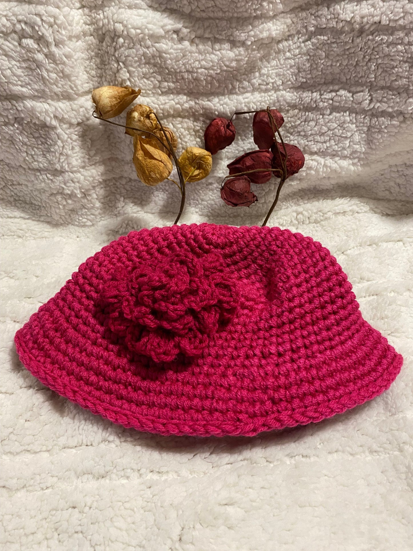 Hot Pink Crochet Bucket Hat with Flower: Handmade Acrylic Sun Hat