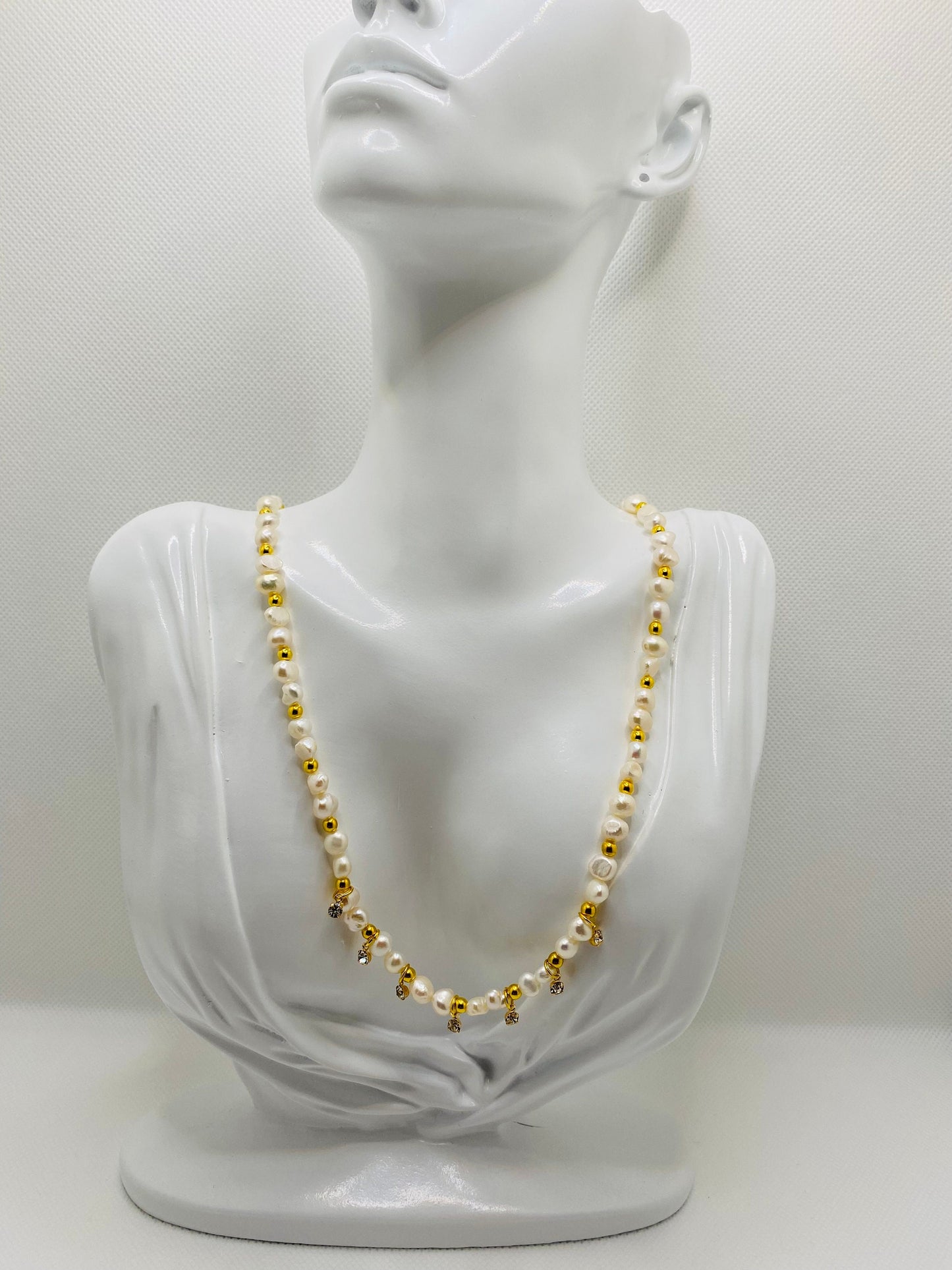 Baroque Pearl Necklace: 18k Gold Plated Hematite Beads, CZ Crystal Pendant