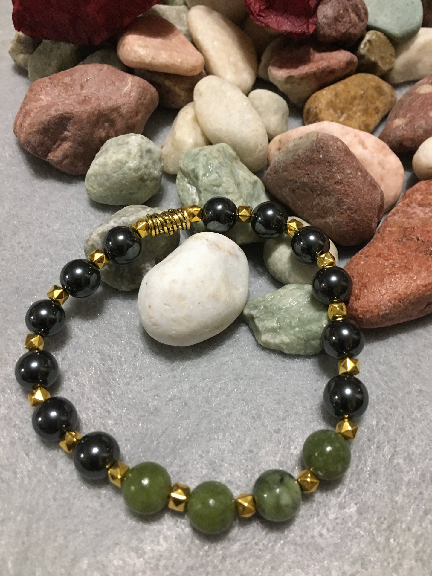 Handmade Jade & Hematite Bracelet: 18k Gold Plated Accents