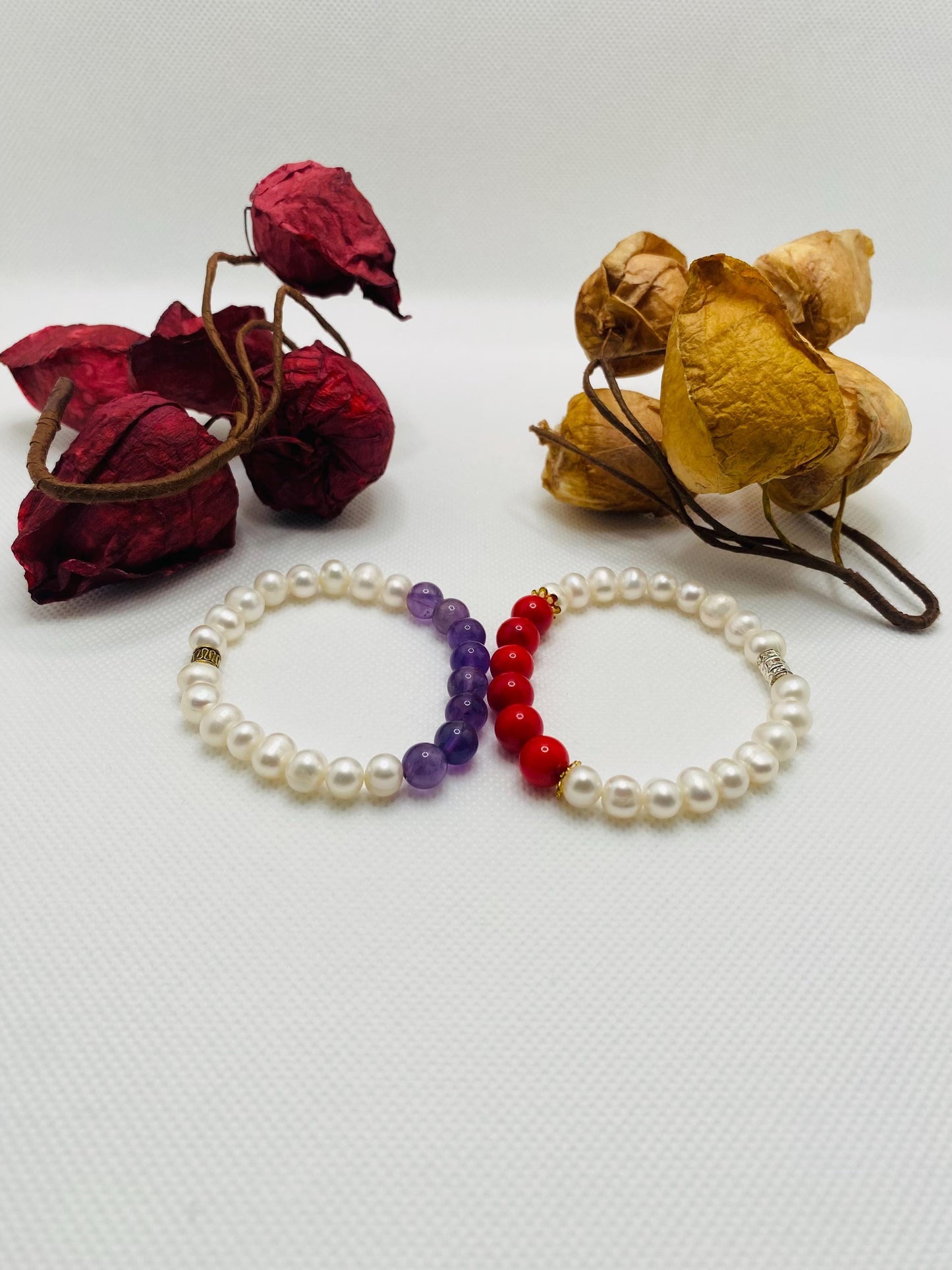 Amethyst, Coral & Pearl Bracelet Set: Handmade Gemstone Jewelry