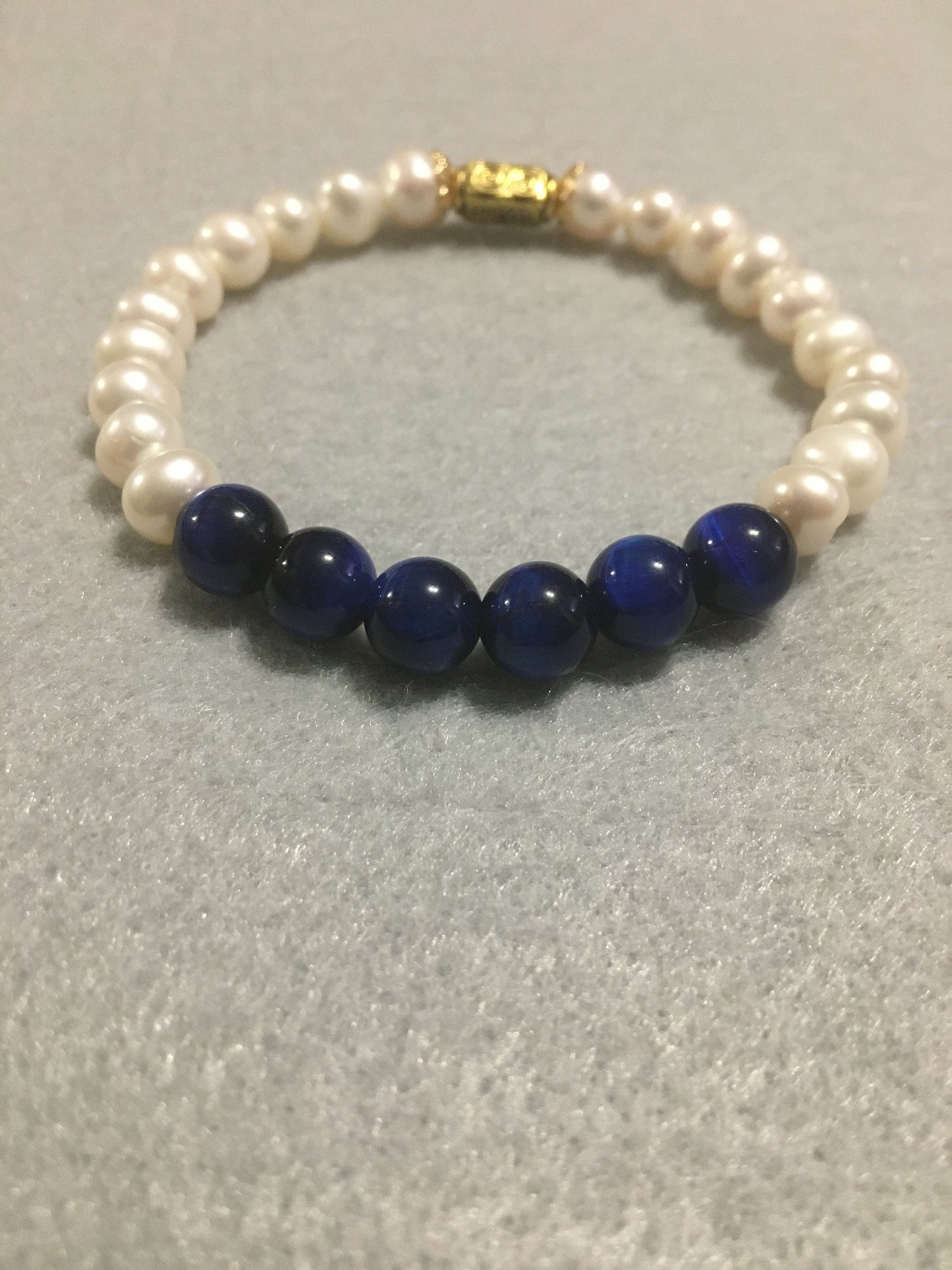 Handmade Pearl Bracelet: Blue Tiger's Eye Gemstone, 18k Gold Accents