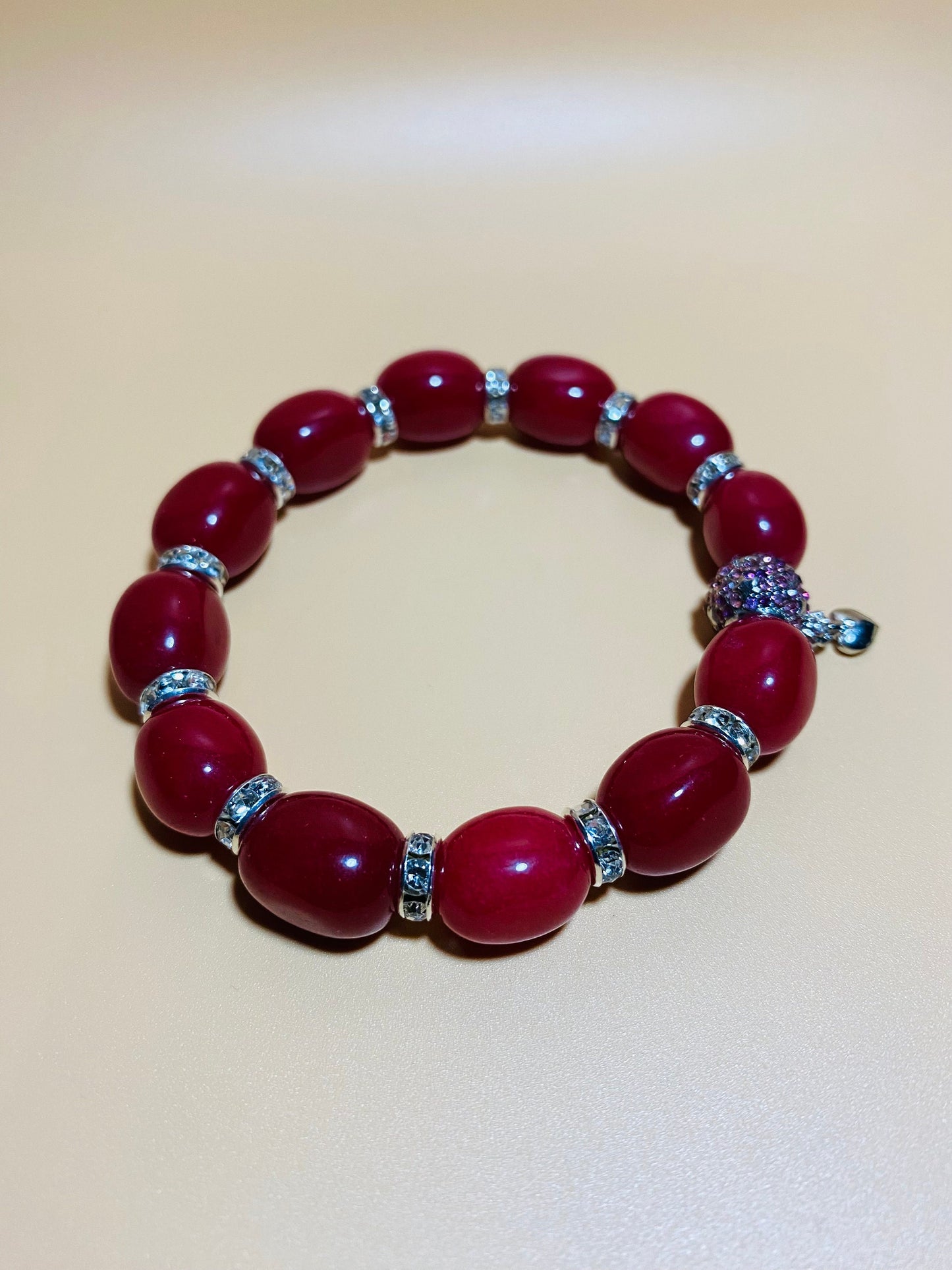 Red Jade Beaded Bracelet: Rhinestone Heart Charm, Silver Details