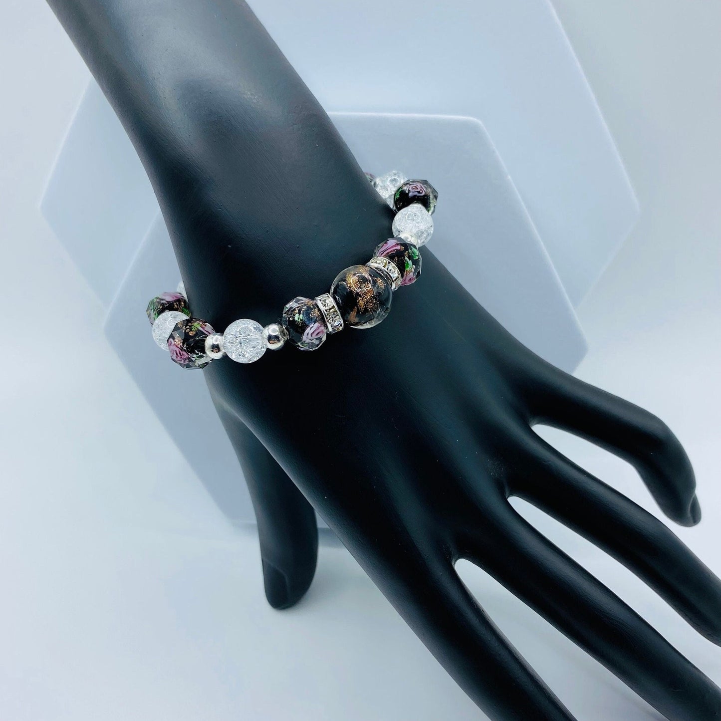 Lampwork Flower Glass Bead Bracelet: Crystal Quartz & Hematite Gemstone