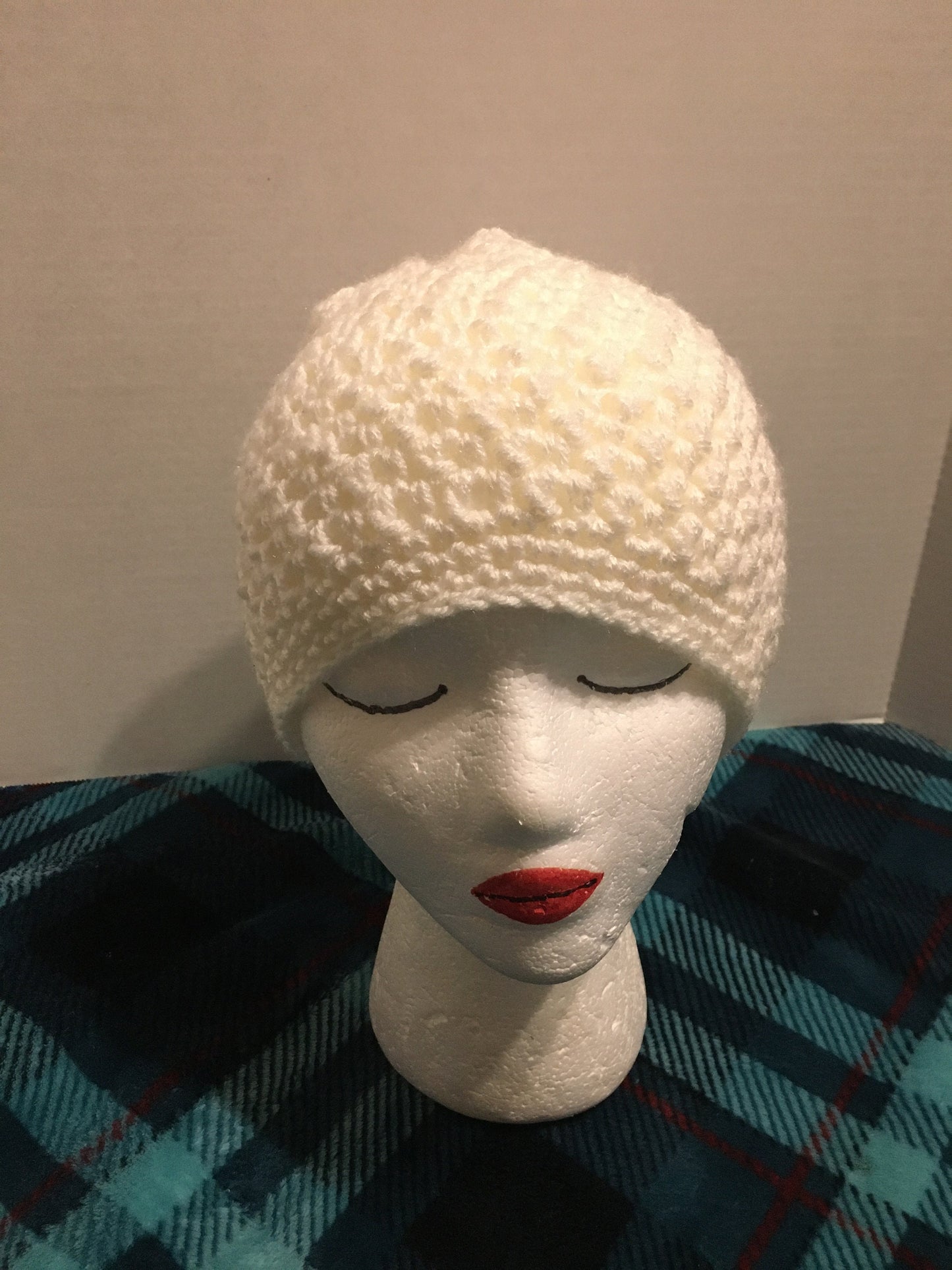 Handmade Crochet Slouchy Beanie: White Acrylic Hat with Flower