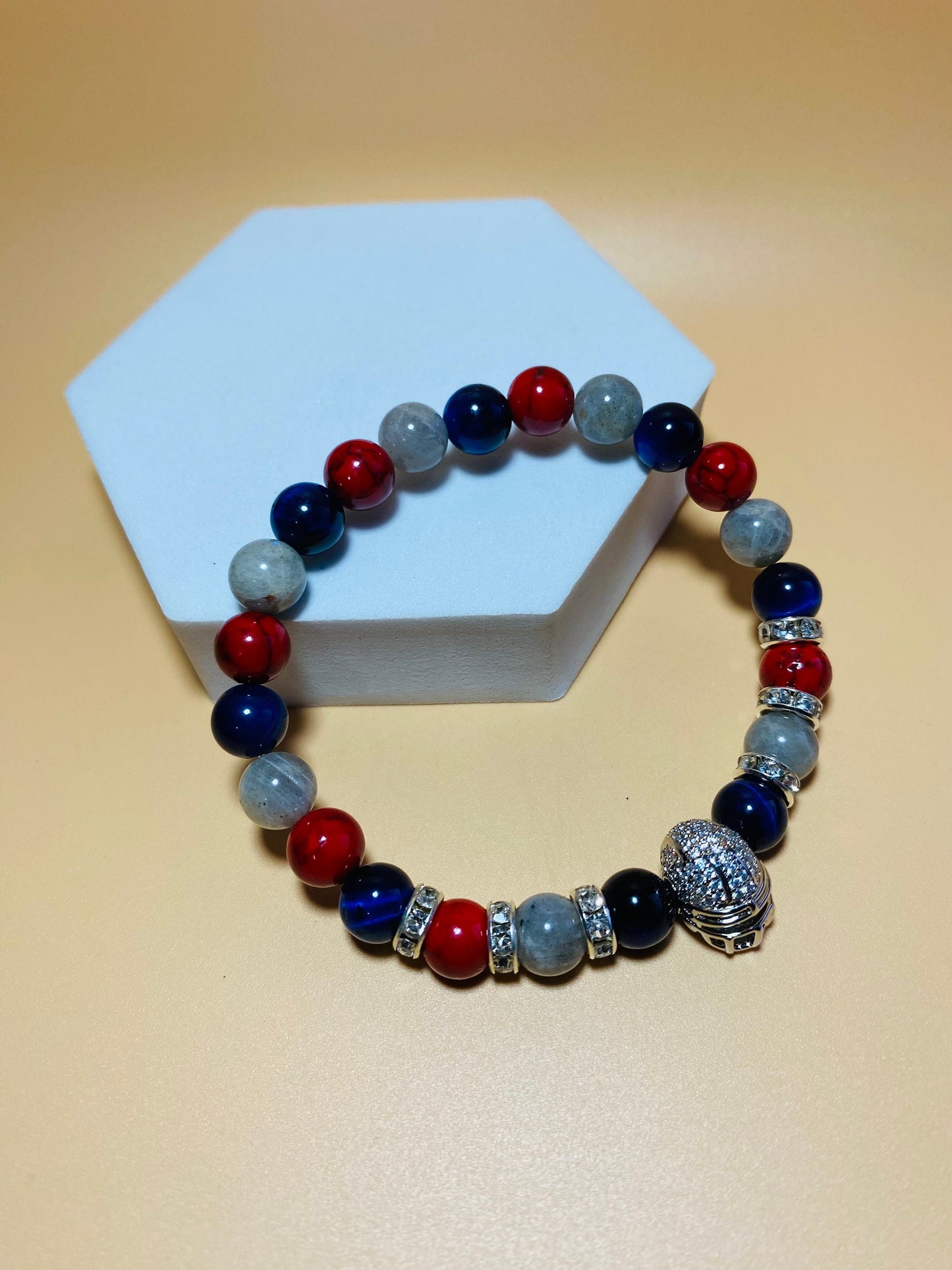 New England Patriots Bracelet: Gemstone Beads & CZ Helmet Charm
