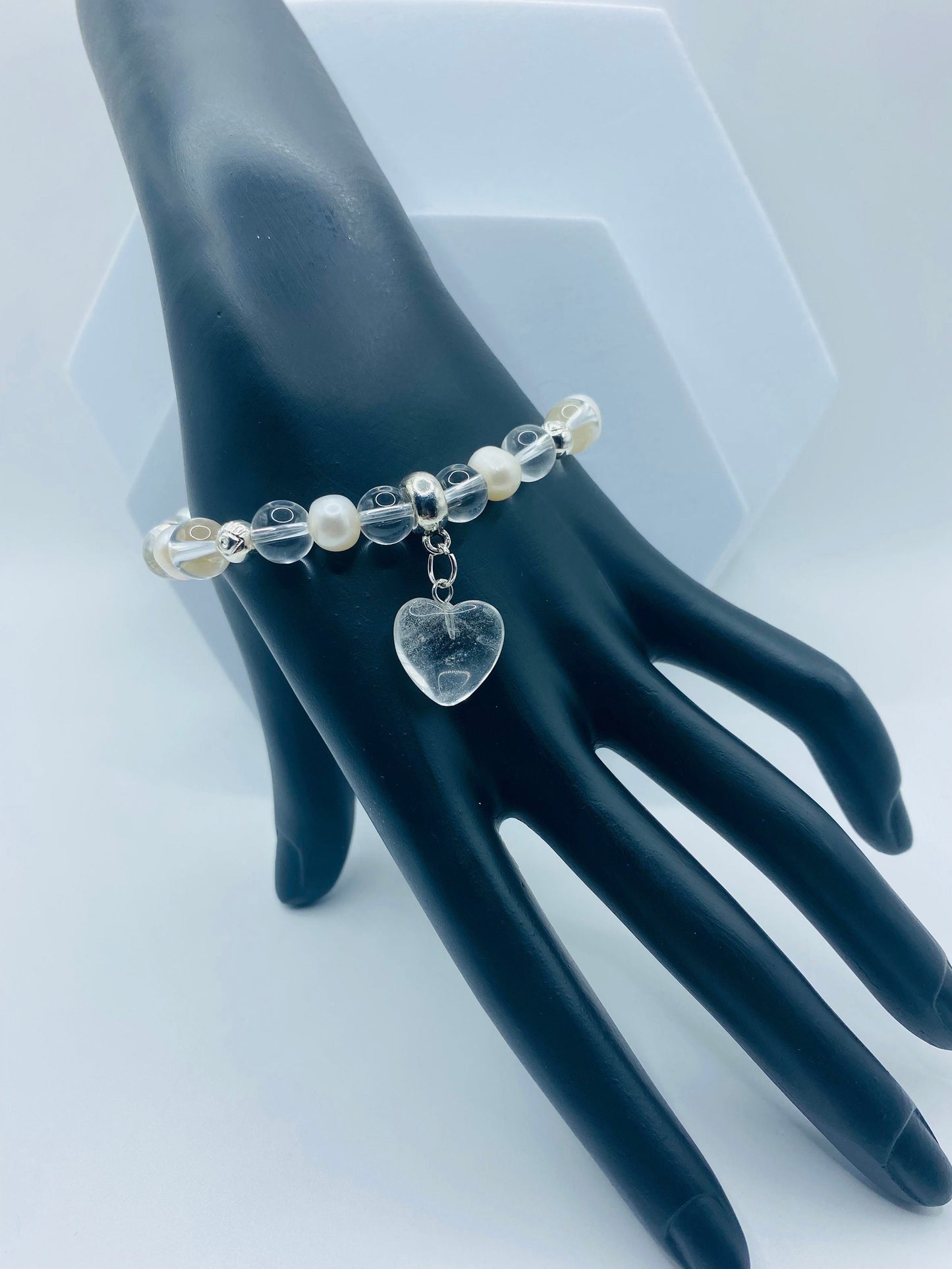 Clear Quartz Crystal Bracelet: Baroque Pearls & Heart Charm