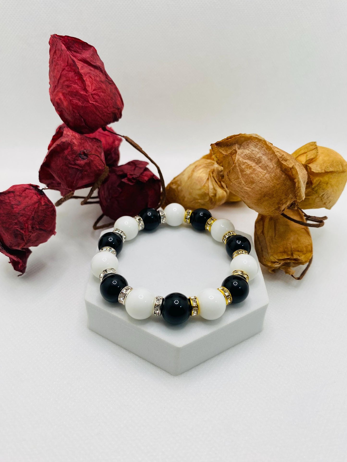 Onyx Gemstone Beaded Bracelet: Black & White Handmade Jewelry
