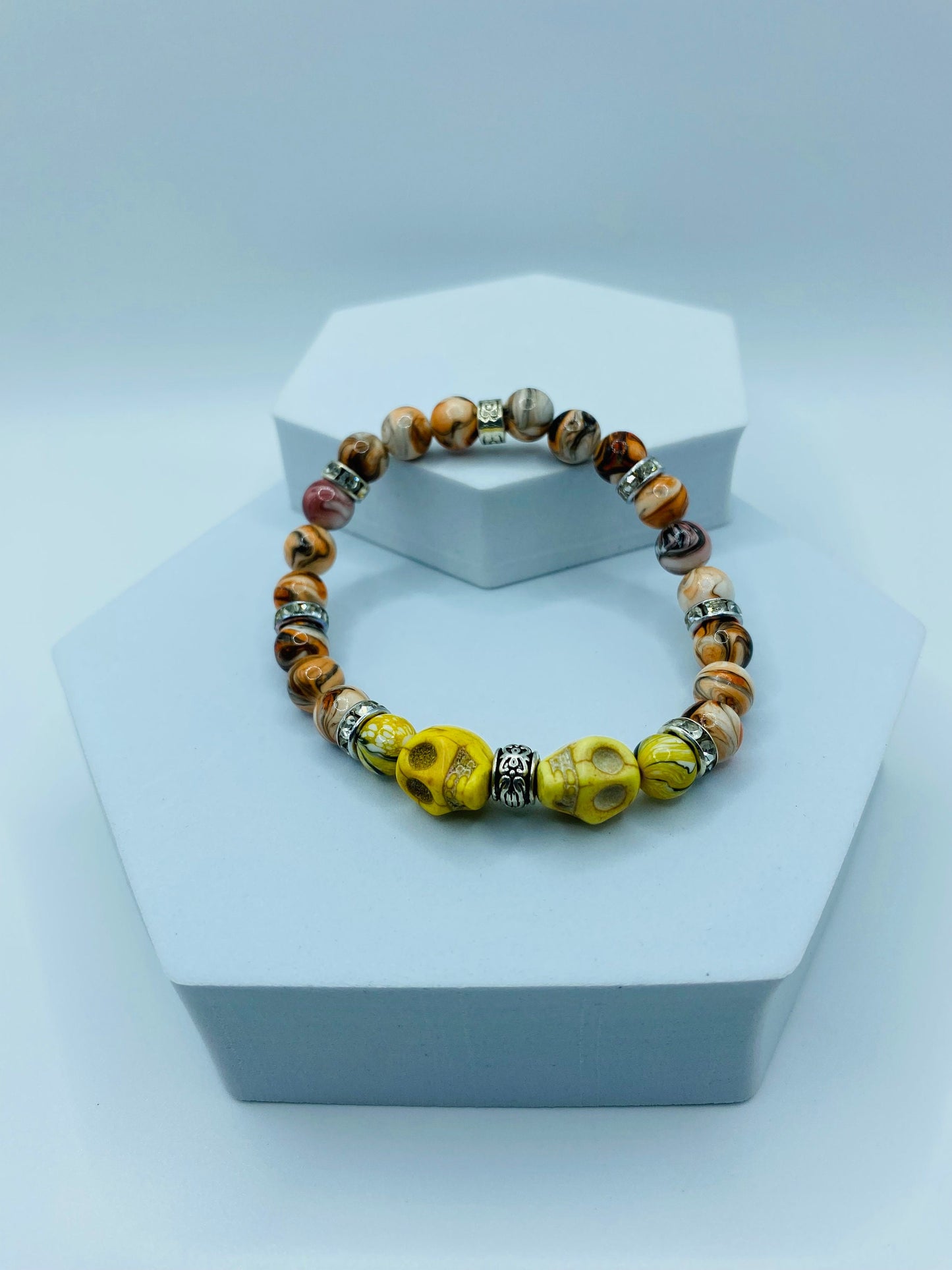 Dia de Los Muertos Skull Bracelet: Turquoise Skull Beads, Rhinestone Spacers