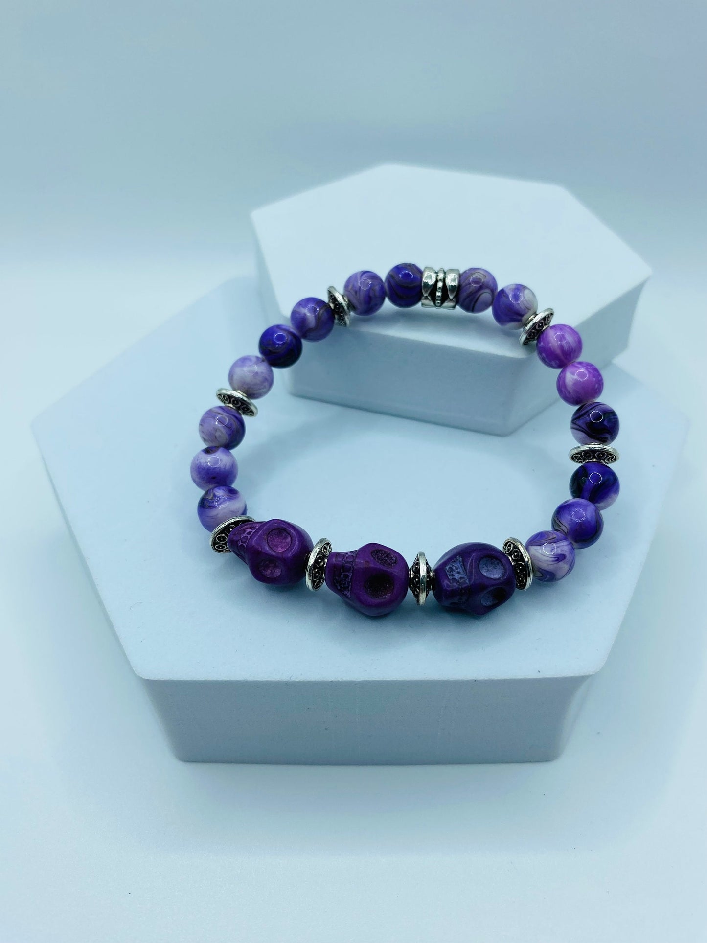 Purple Skull Charm Bracelet: Dia de Los Muertos Gemstone Jewelry