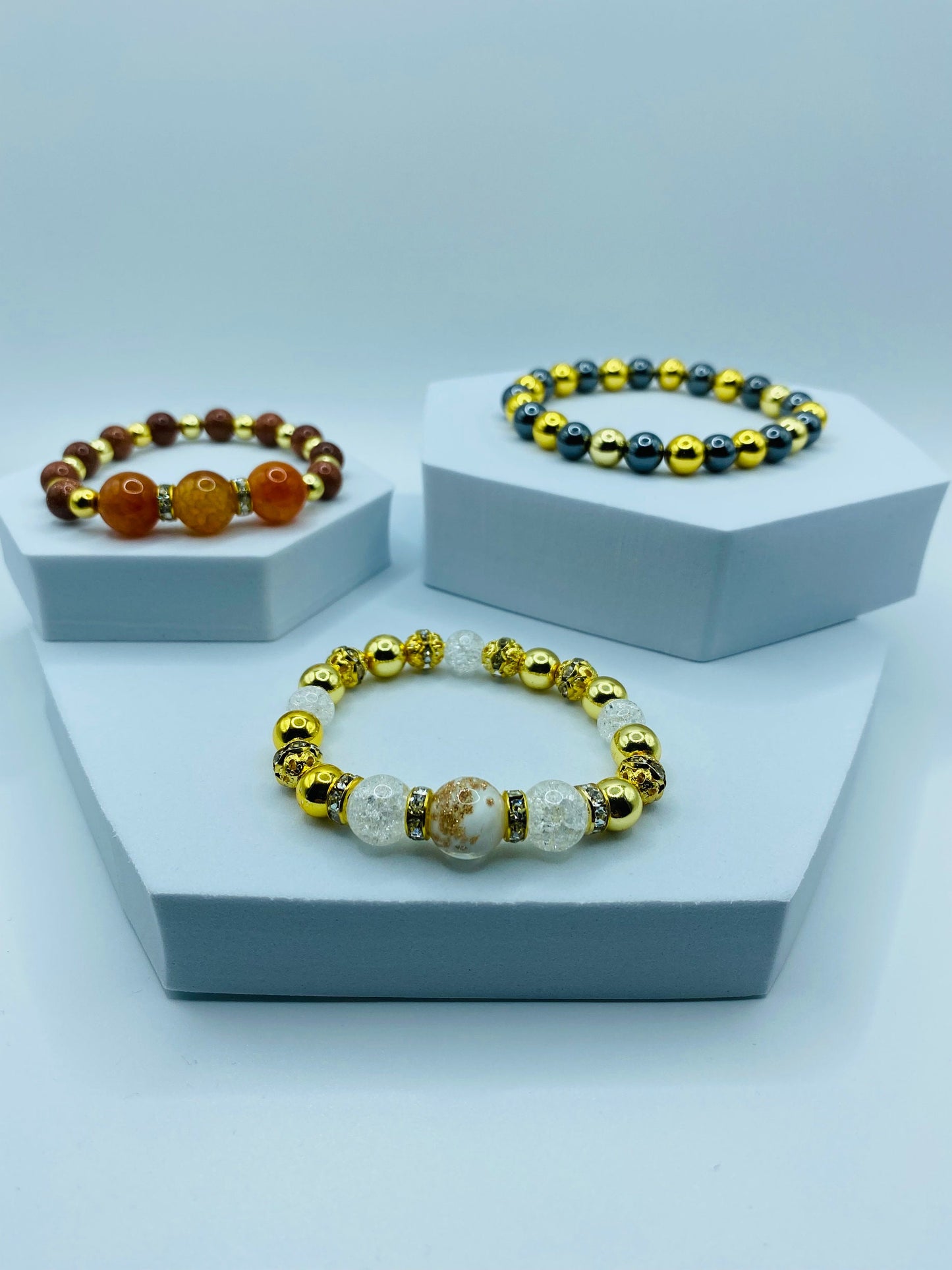 Gold Hematite Bracelet: Lampwork Glass & Crackle Quartz Crystal