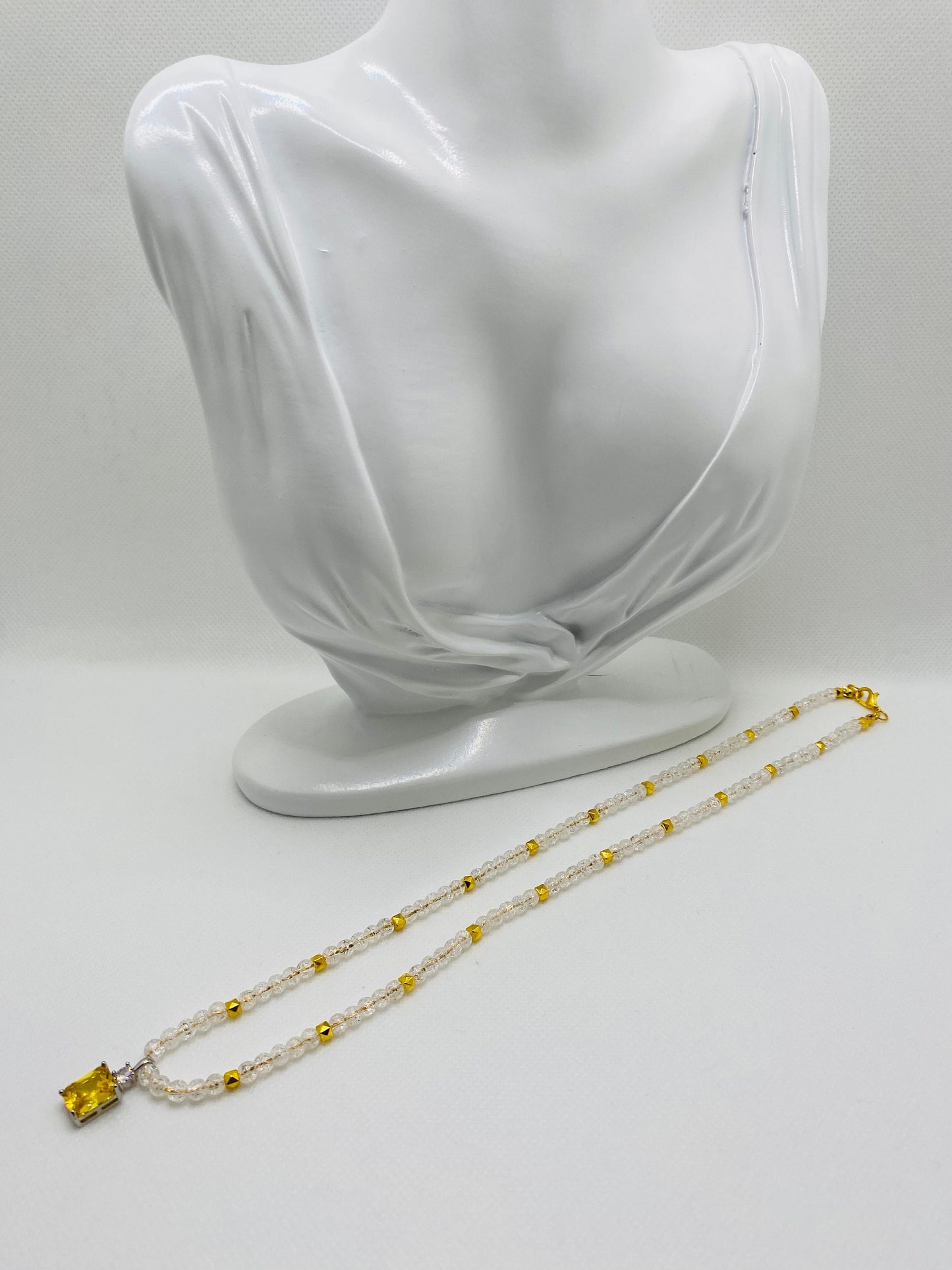 Citrine Pendant Necklace: 14k Gold Chain, Quartz Crystal Beads