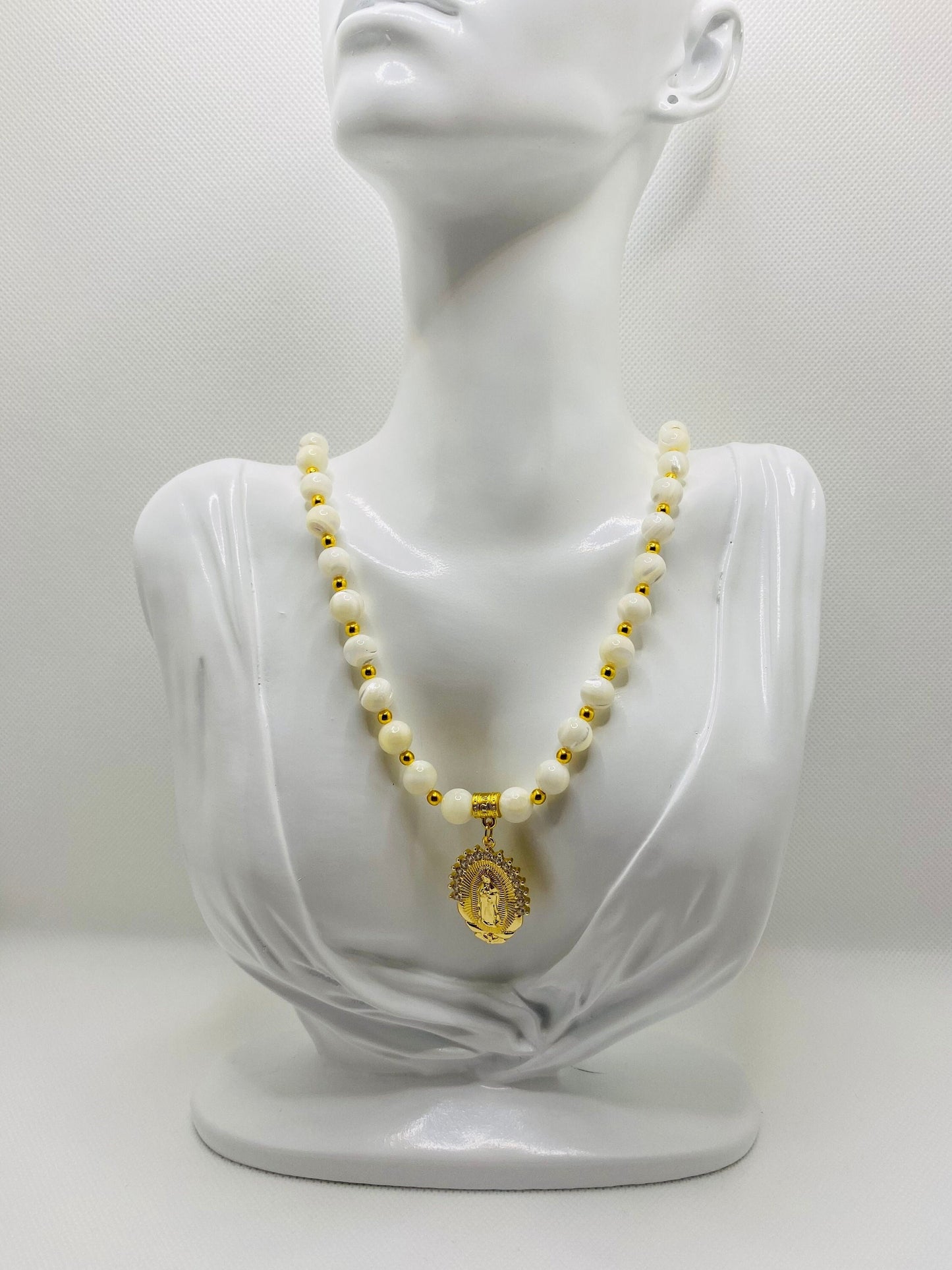 Mother of Pearl Necklace: Virgin Mary Pendant, Gold Stainless Steel