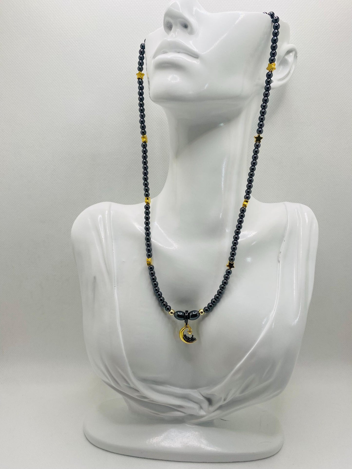 Celestial Hematite Necklace: Gold Star, Moon & Cat Charm