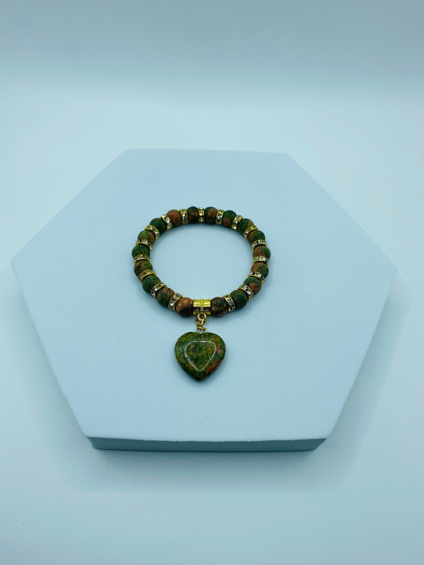 Unakite Heart Charm Bracelet: Gemstone Beads, 18k Gold Accents