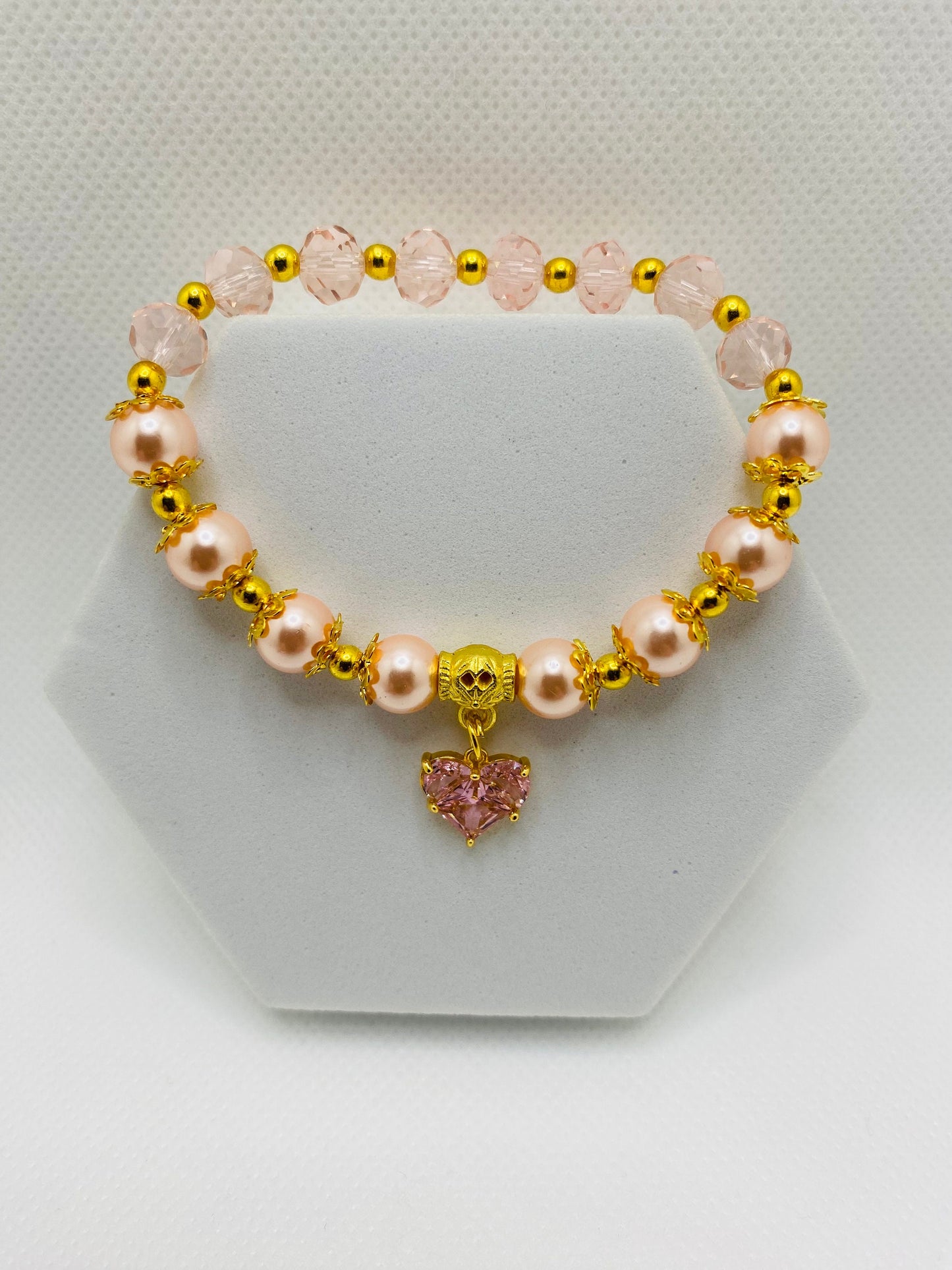 Mother of Pearl Bracelet: Pink Crystal Heart & Glass Beads, 18k Gold Accents