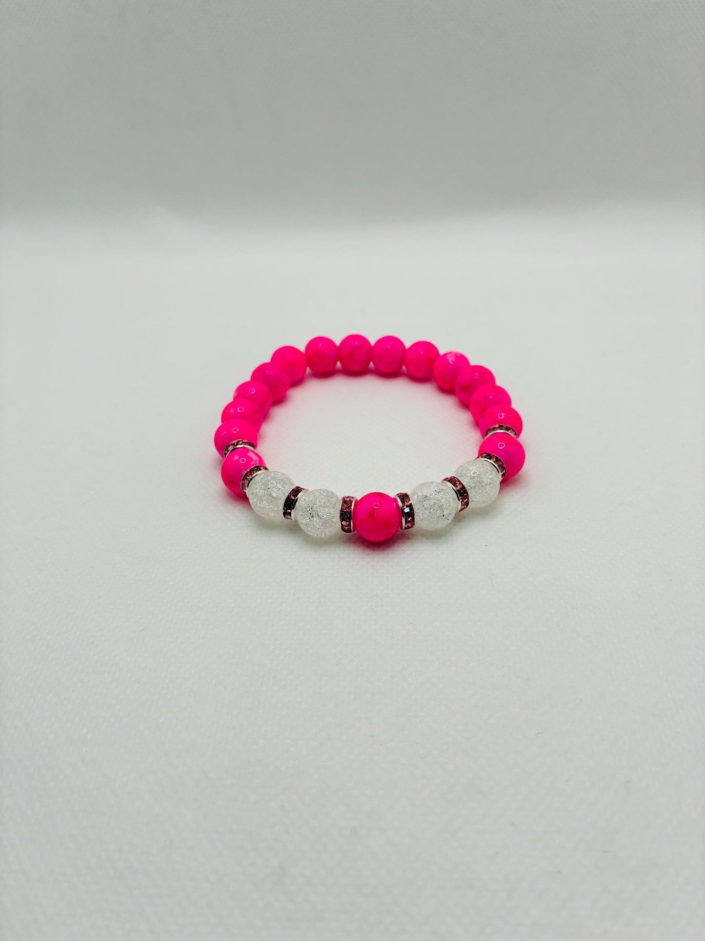 Hot Pink Crystal Glass Bead & Crackle Quartz Bracelet with Silverplated Pink Rhinestone Rondelles