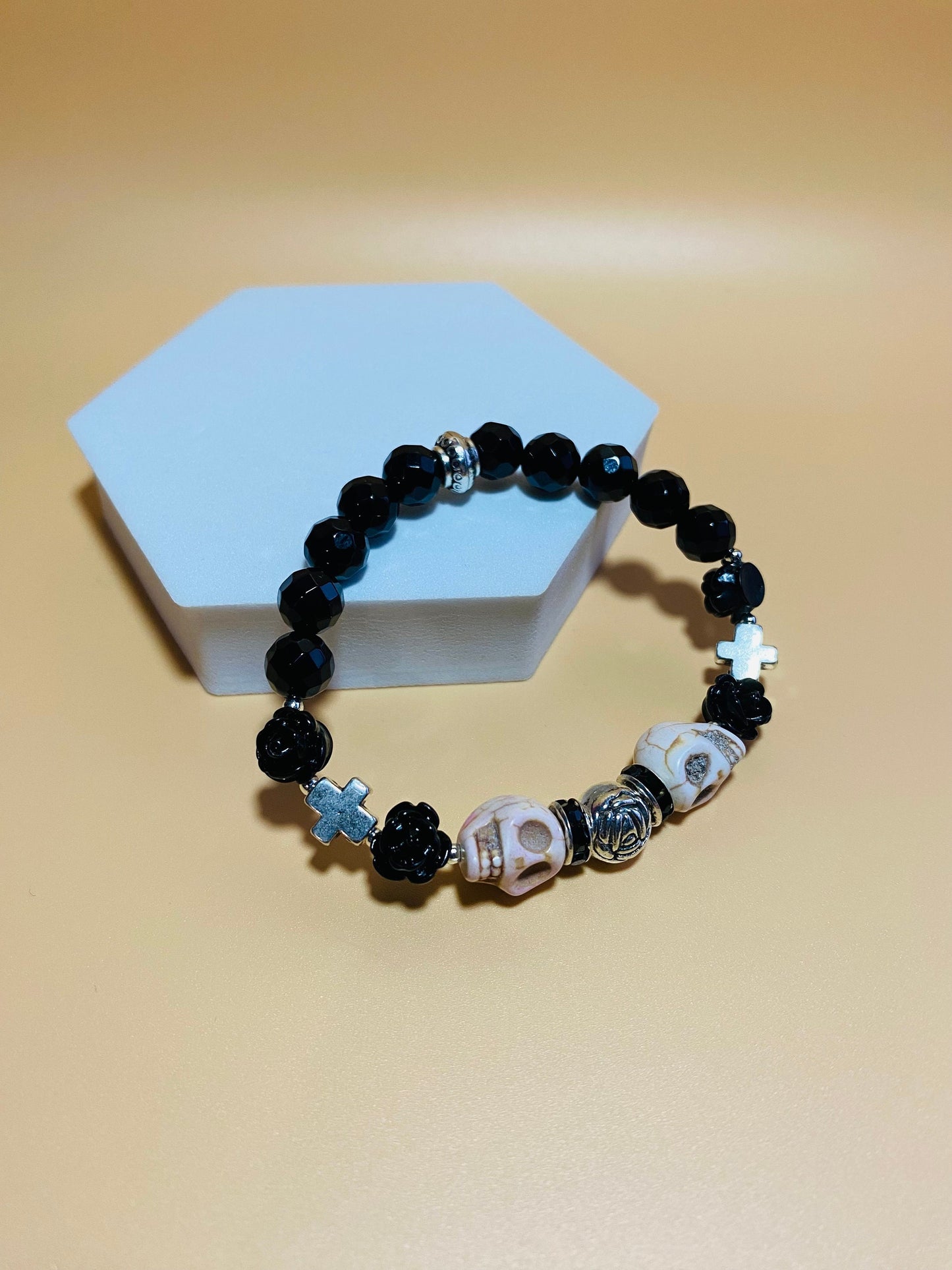 Day of the Dead Black Onyx Bracelet with Skull Beads - Silver Cross Bracelet - Gift for Her - Gift for Him